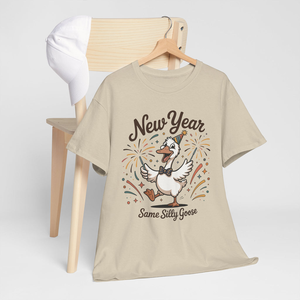 Happy Goose New Year T-Shirt — Party Hat, Fireworks & Confetti Unisex Cotton Tee
