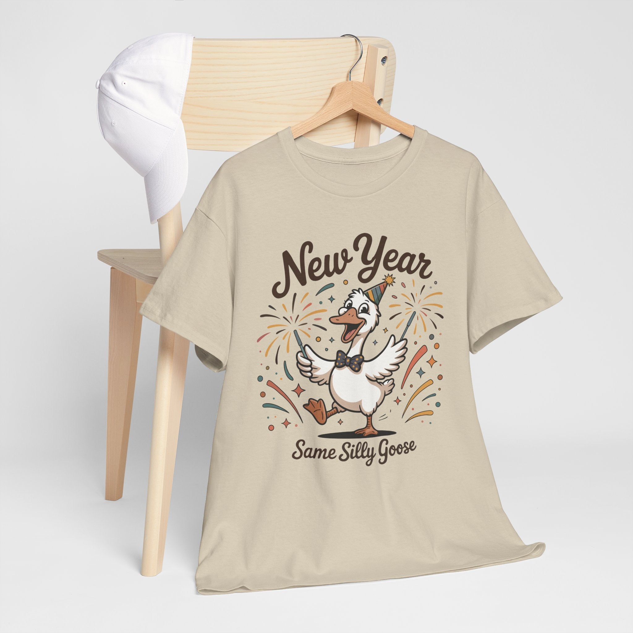 Happy Goose New Year T-Shirt — Party Hat, Fireworks & Confetti Unisex Cotton Tee