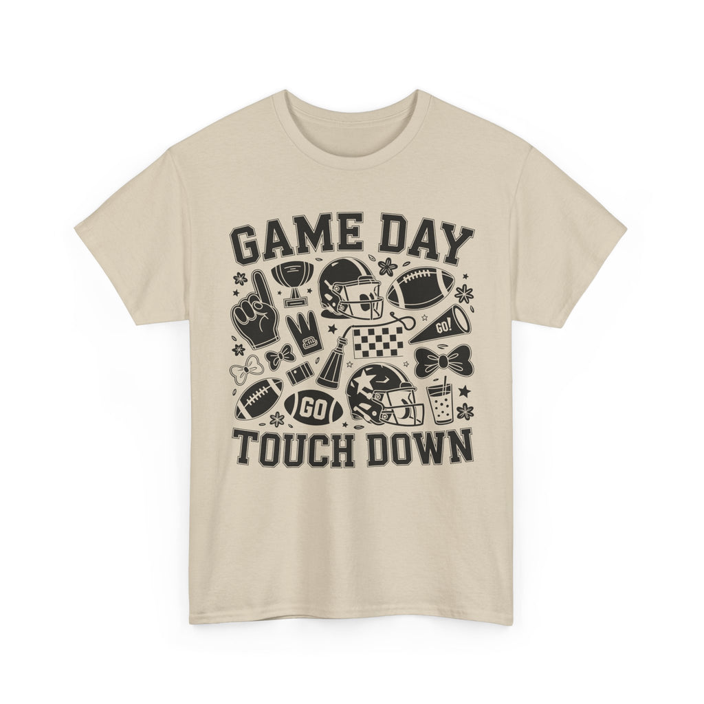 Game Day Touch Down Football T‑Shirt — Helmet & Cheer Monochrome Design Unisex Cotton Tee