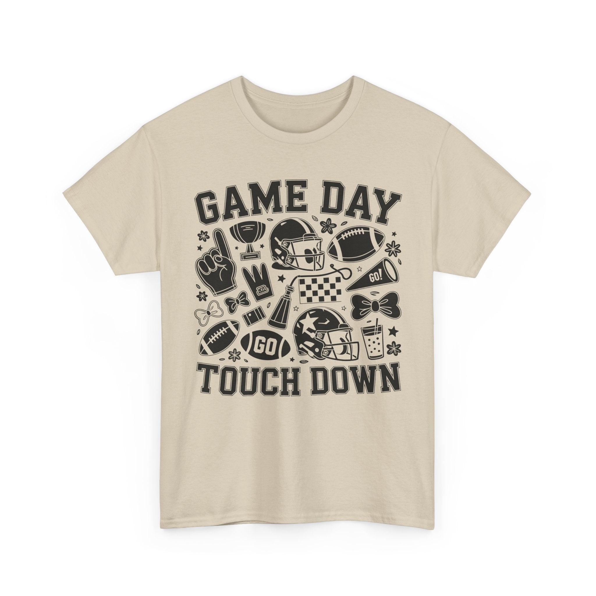 Game Day Touch Down Football T‑Shirt — Helmet & Cheer Monochrome Design Unisex Cotton Tee