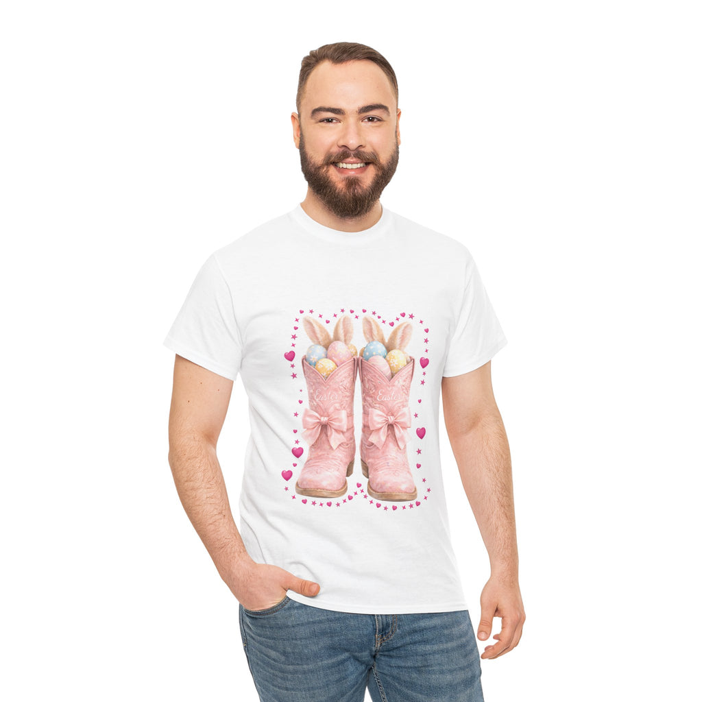 Easter Pink Western Boots Tee — Pastel Bunny Eggs & Bows Unisex Cotton Tee