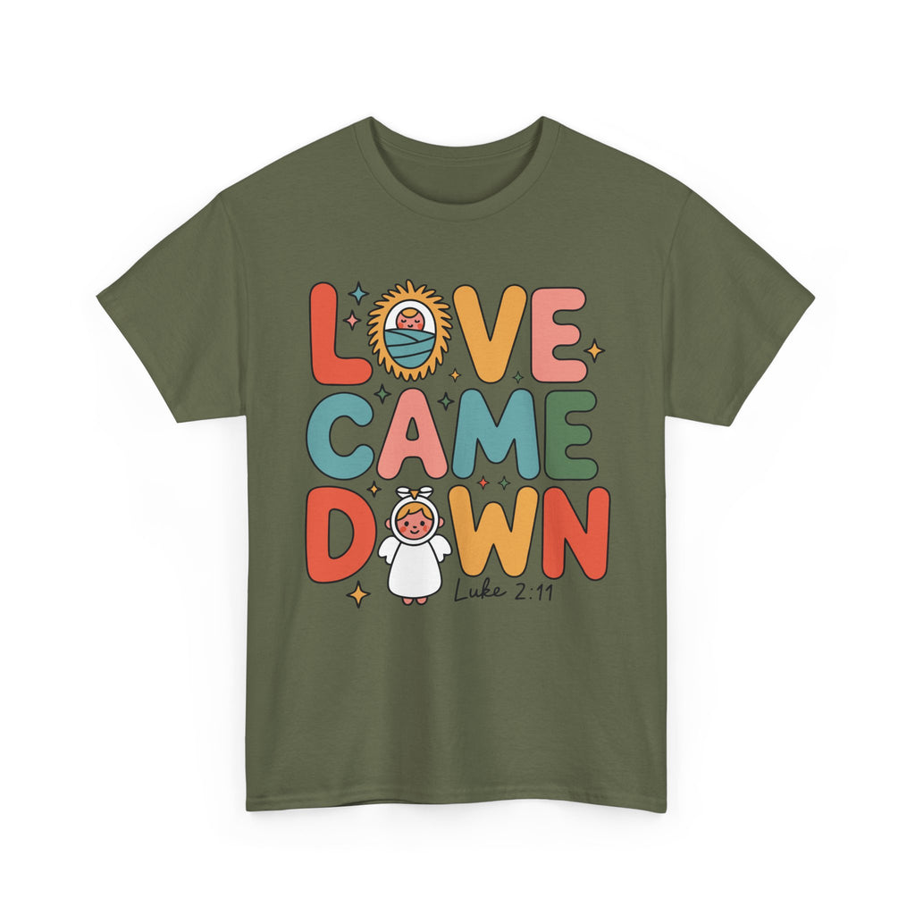 Love Came Down Christmas Tee — Baby Jesus Manger Angel (Luke 2:11)..Unisex Cotton Tee