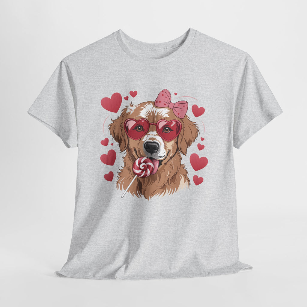 Valentine Dog T-Shirt — Cute Pup with Heart Glasses, Pink Bow & Lollipop..Unisex Cotton Tee