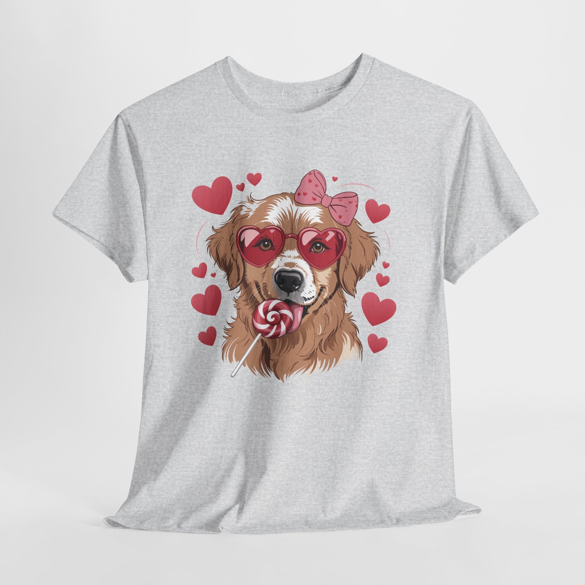 Valentine Dog T-Shirt — Cute Pup with Heart Glasses, Pink Bow & Lollipop..Unisex Cotton Tee
