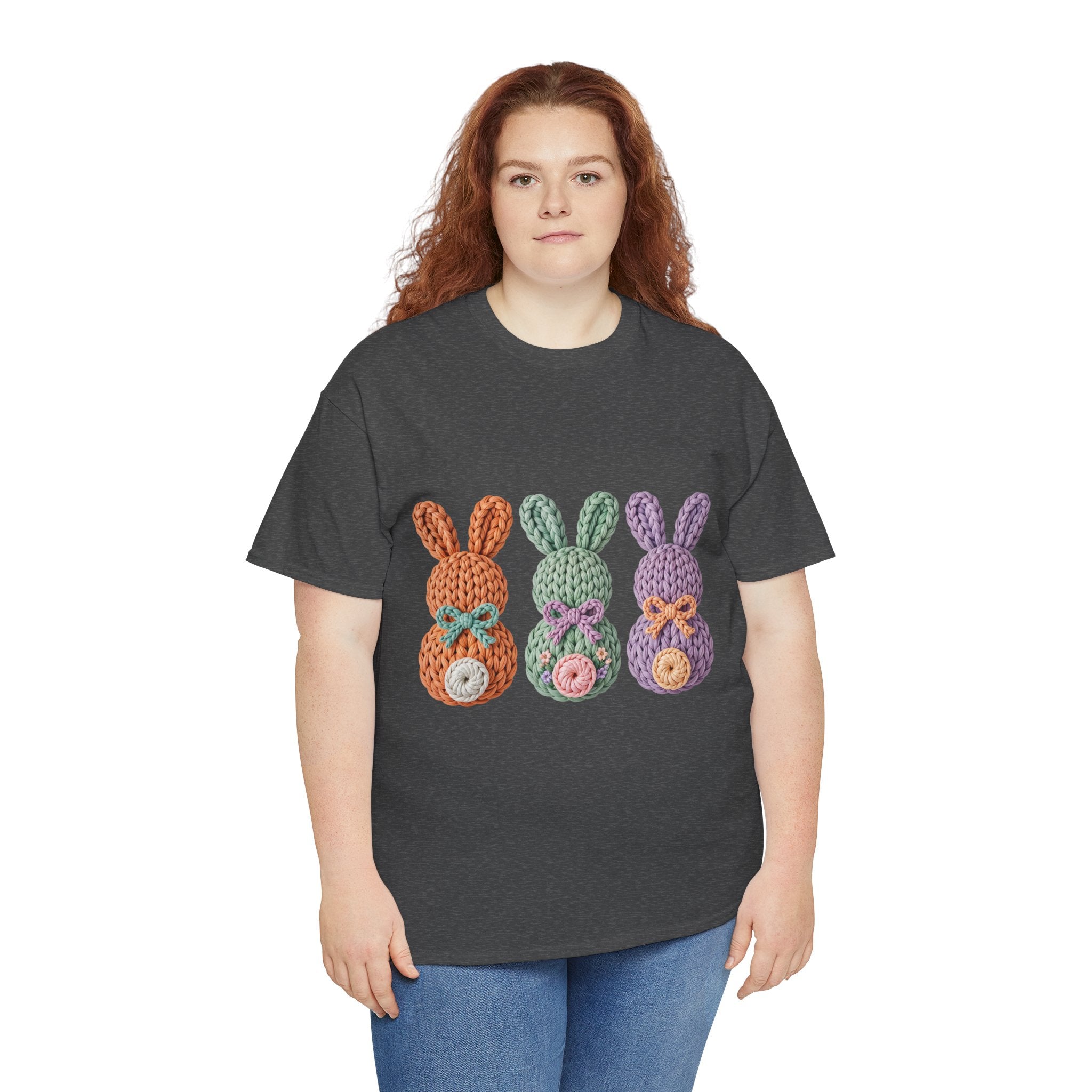 Pastel Crochet Bunny Tee — Trio of Faux Knit Bunnies with Bows & Flowers Unisex Cotton Tee