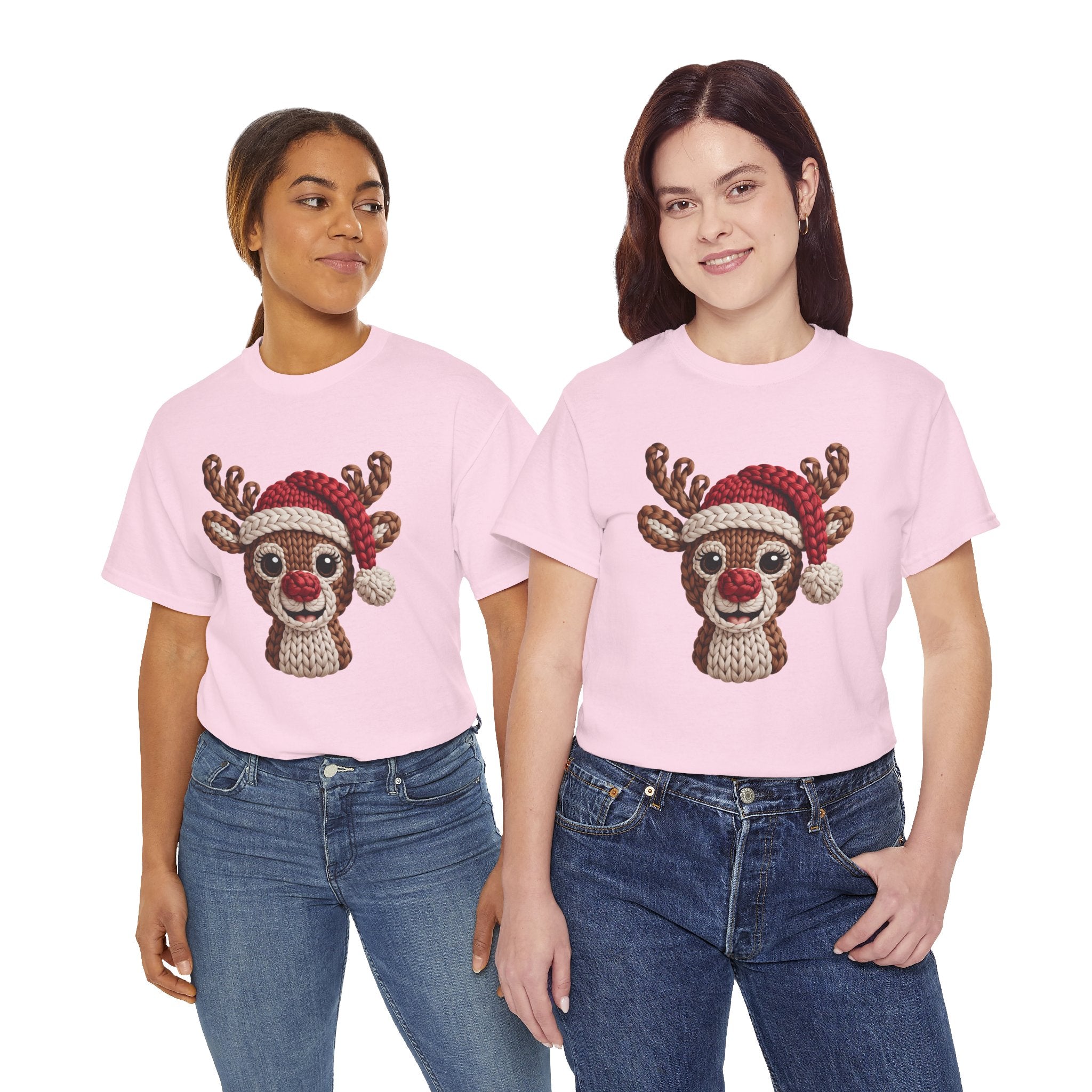 Reindeer in Santa Hat Cotton Tee — Joyful Faux-Yarn Holiday Unisex Coton T-Shirt