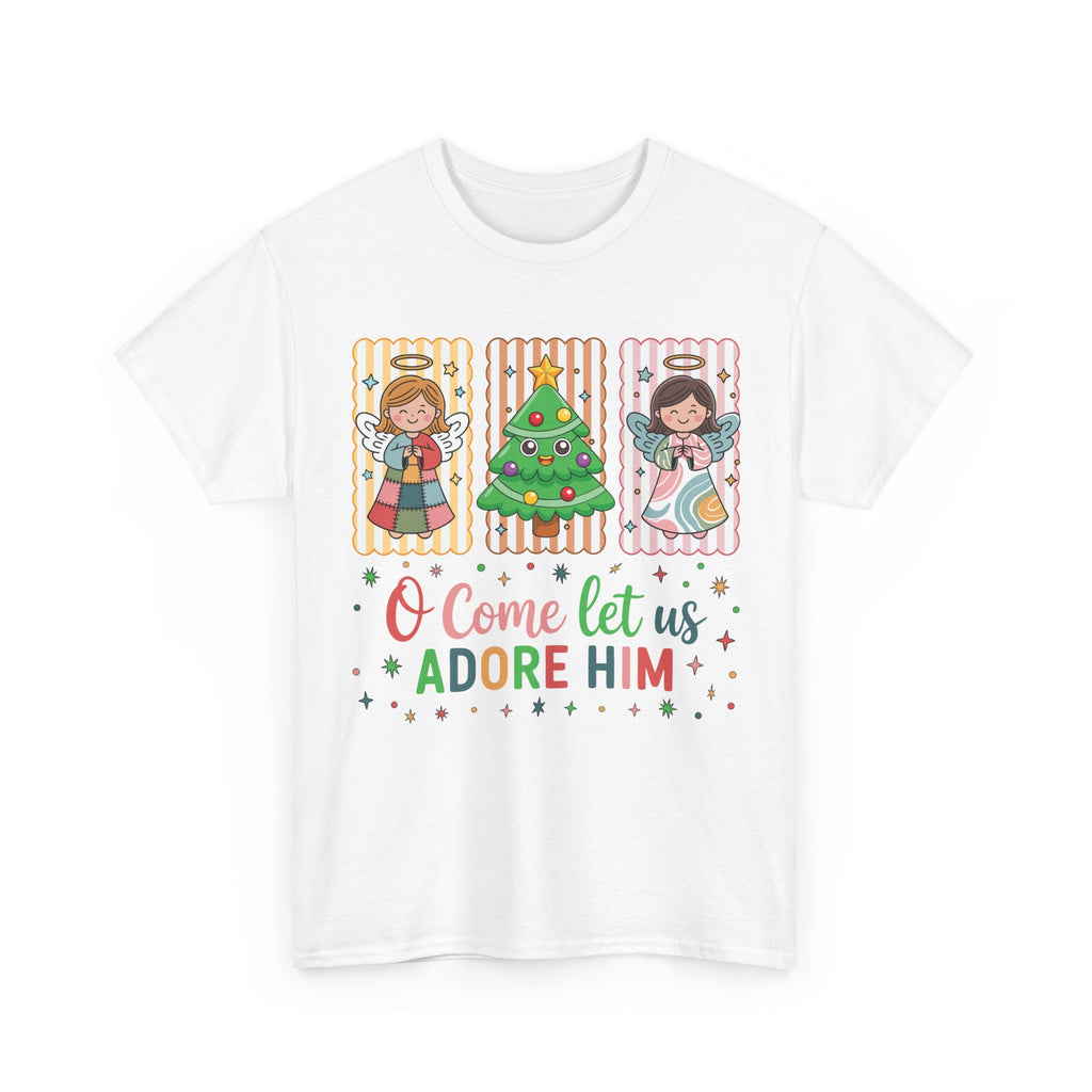 O Come Let Us Adore Him Christmas Tee — Smiling Angels & Happy Tree..Unisex Cotton Tee