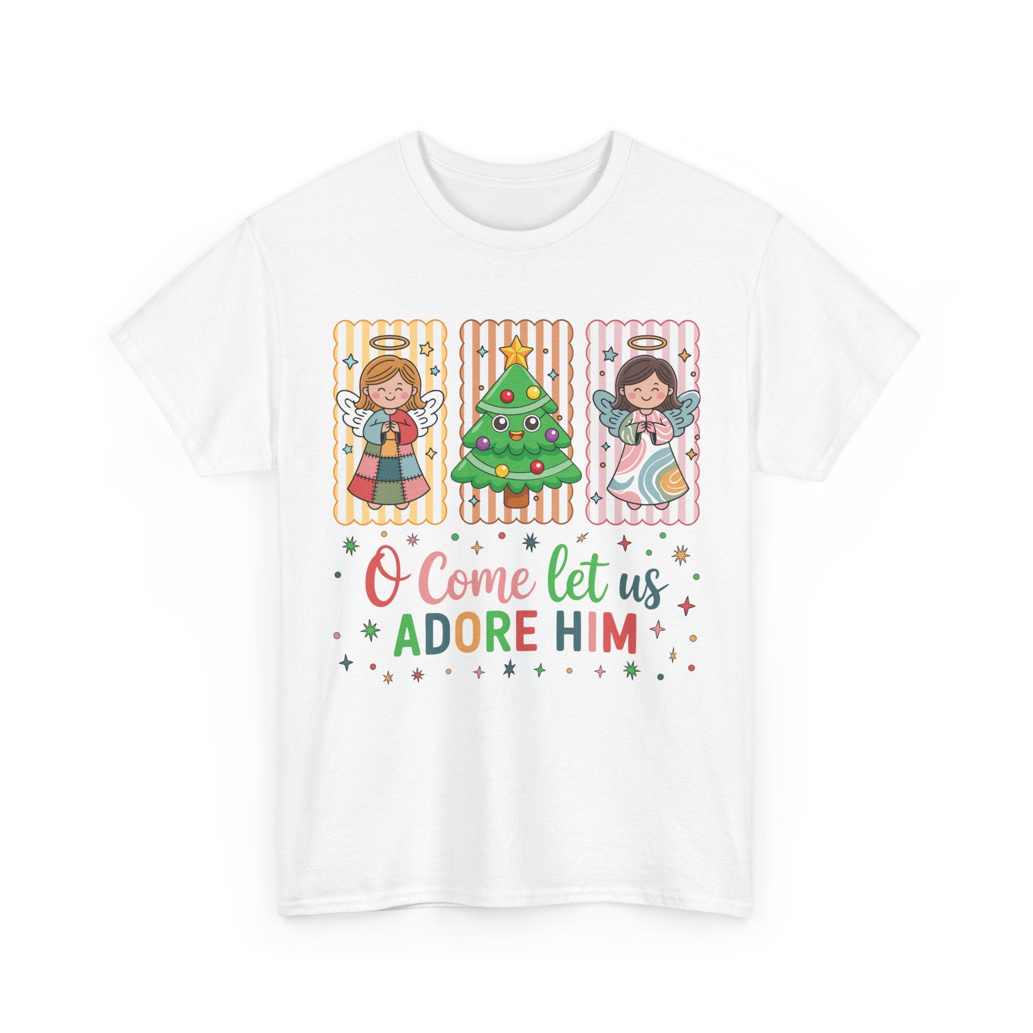 O Come Let Us Adore Him Christmas Tee — Smiling Angels & Happy Tree..Unisex Cotton Tee