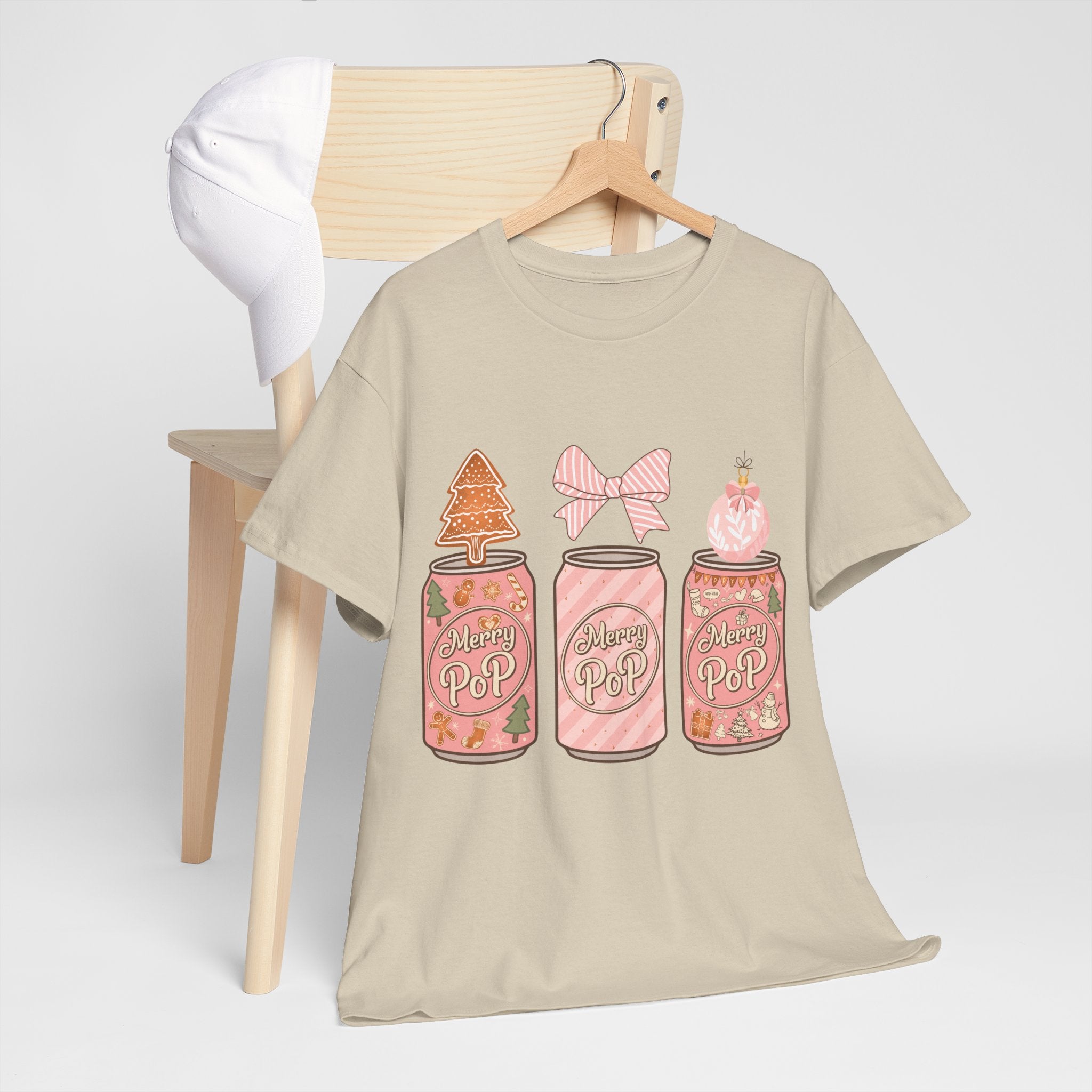 Merry Pop Christmas Soda Can Tee — Pastel Holiday Graphic Unisex Cotton T-Shirt
