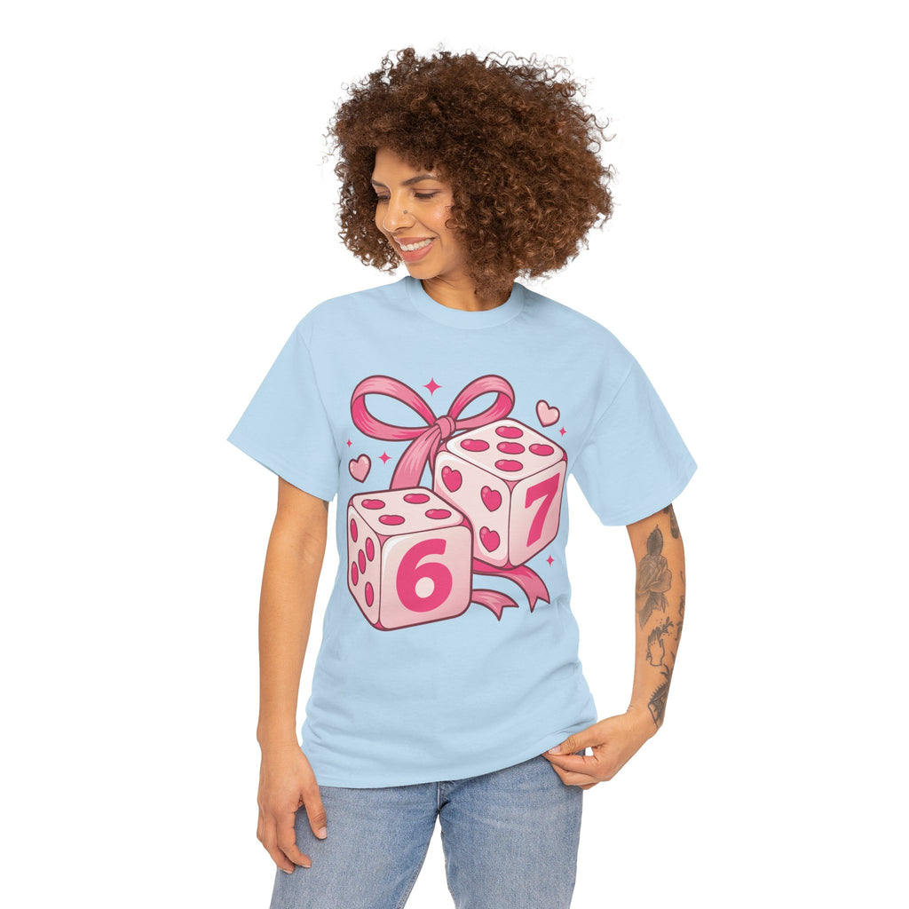 Lucky Love Dice T-Shirt — Pink Heart Dice with Bow..Unisex Cotton Tee