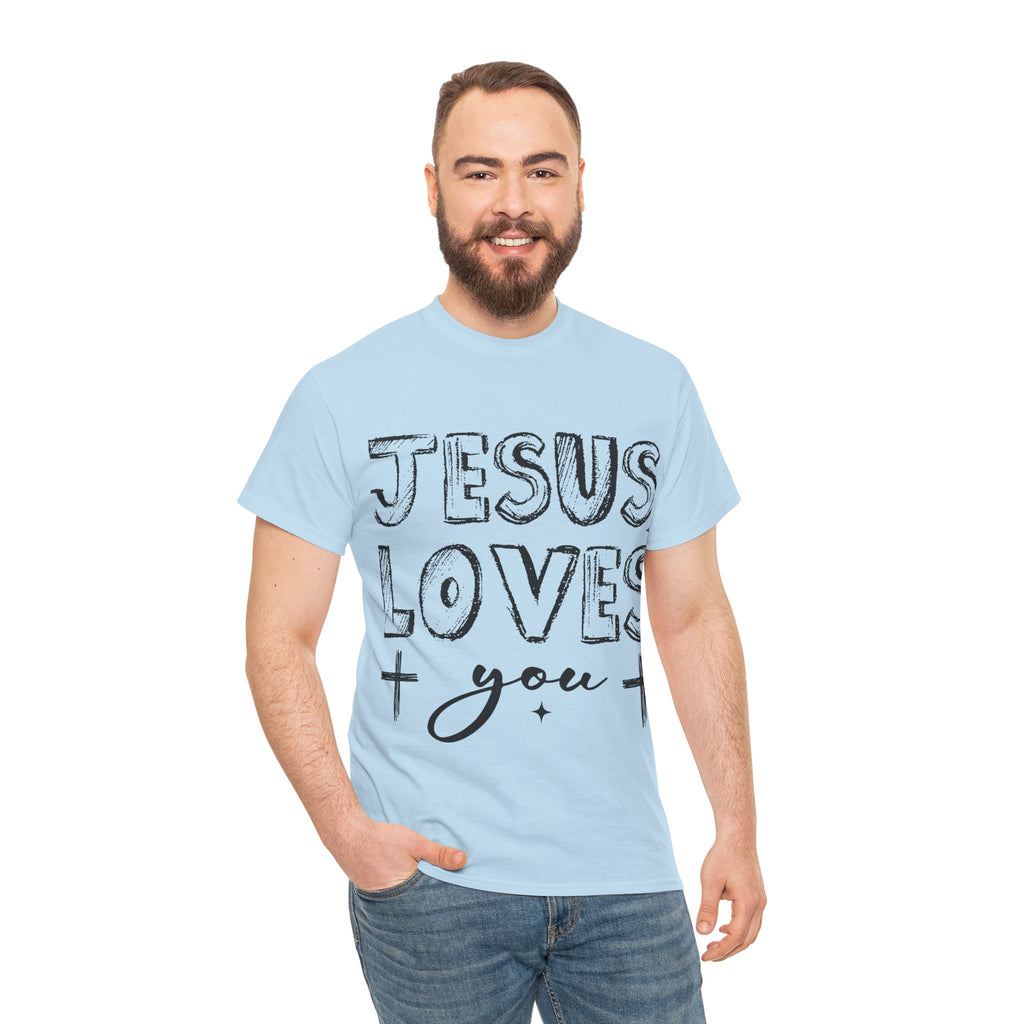 Jesus Loves You Chalk-Style Tee — Crosses & Stars Christian UNisex Cotton T-Shirt