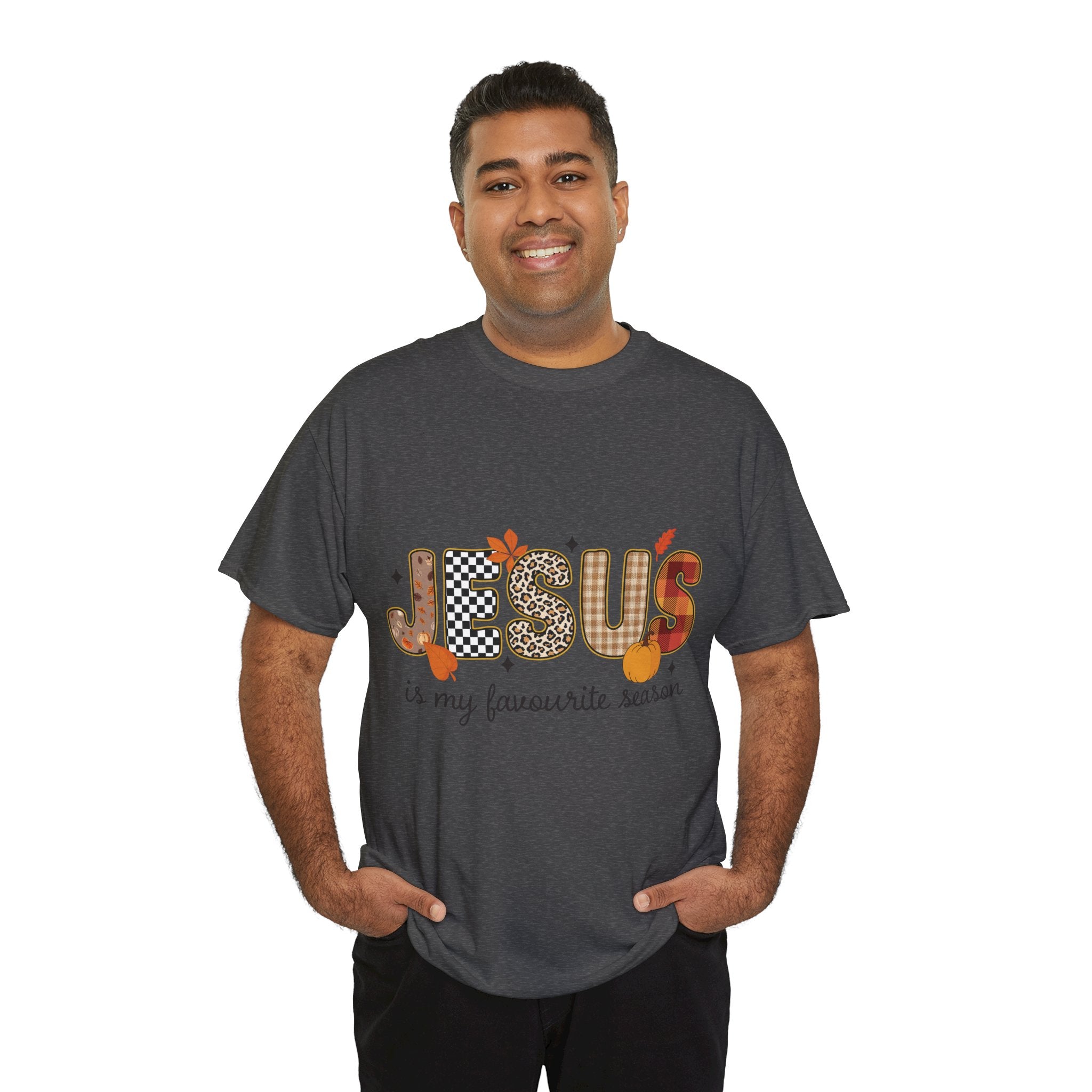 Jesus Is My Favorite Season Tee — Autumn Plaid & Leopard Lettering Unisex Cotton Tee