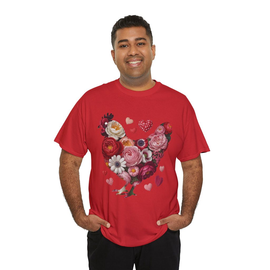 Floral Chicken Heart Tee — Red & Pink Flower Silhouette Unisex Cotton Tee