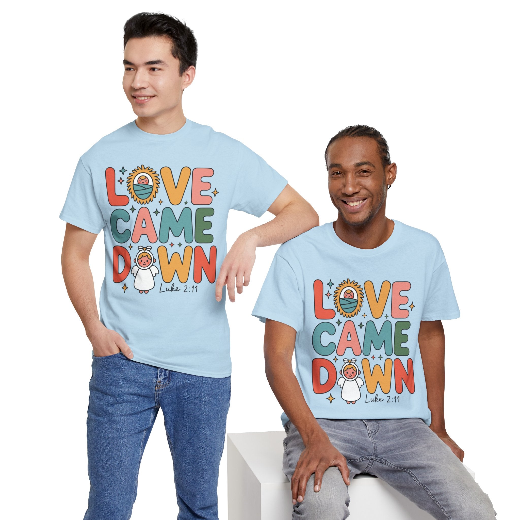 Love Came Down Christmas Tee — Baby Jesus Manger Angel (Luke 2:11)..Unisex Cotton Tee