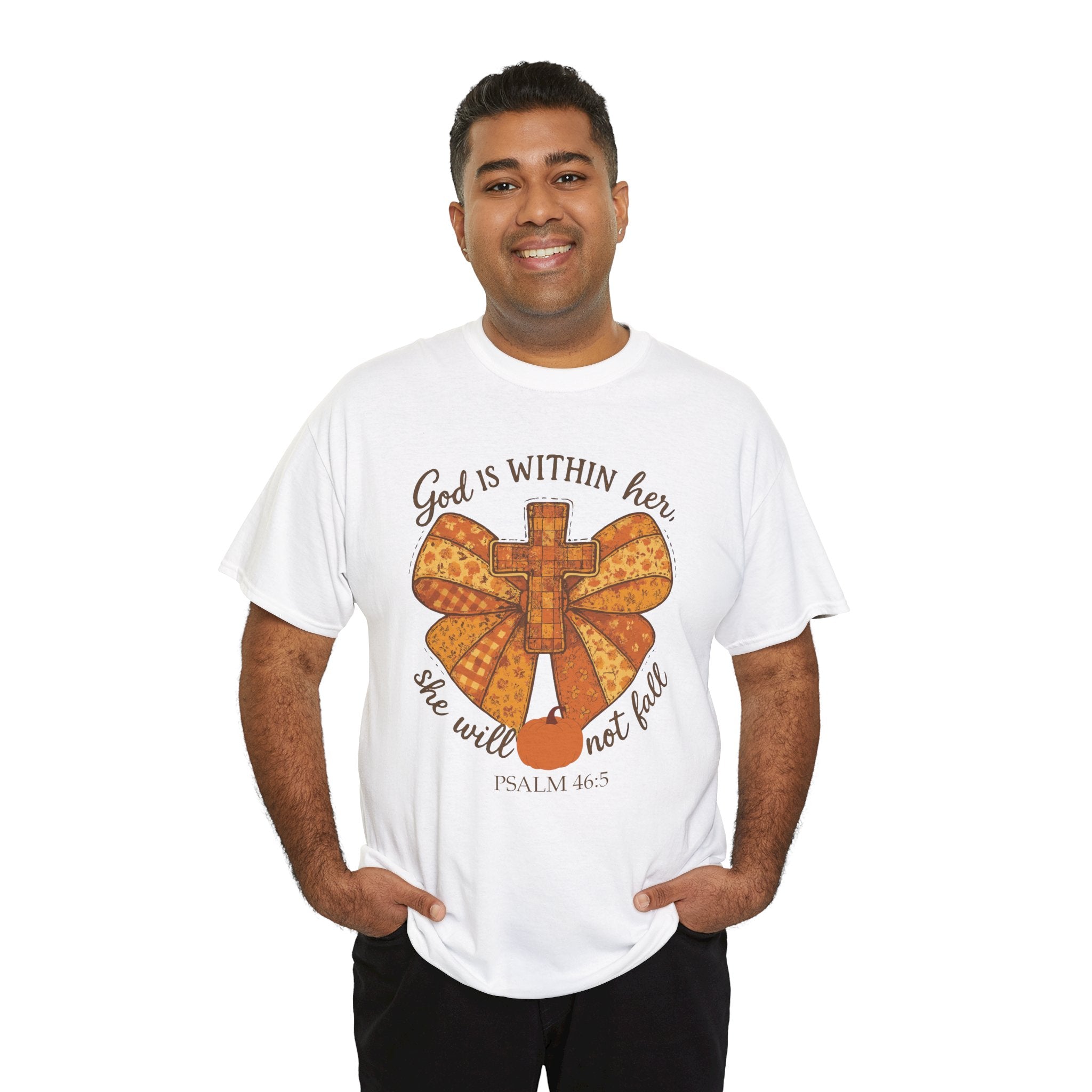 Psalm 46:5 Cross Patchwork Tee — Fall Bow Christian Unisex Cotton T-Shirt