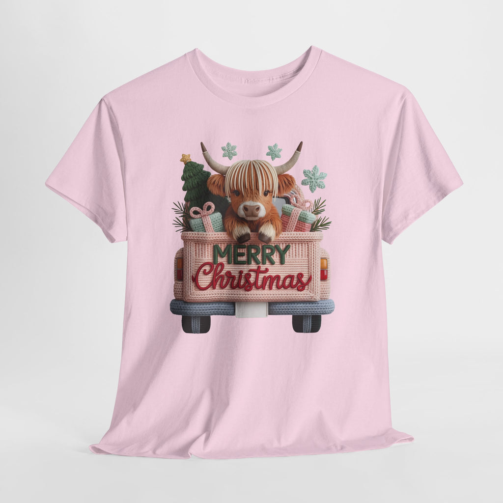 Merry Christmas Highland Cow Knit Truck Unisex Cotton T-Shirt