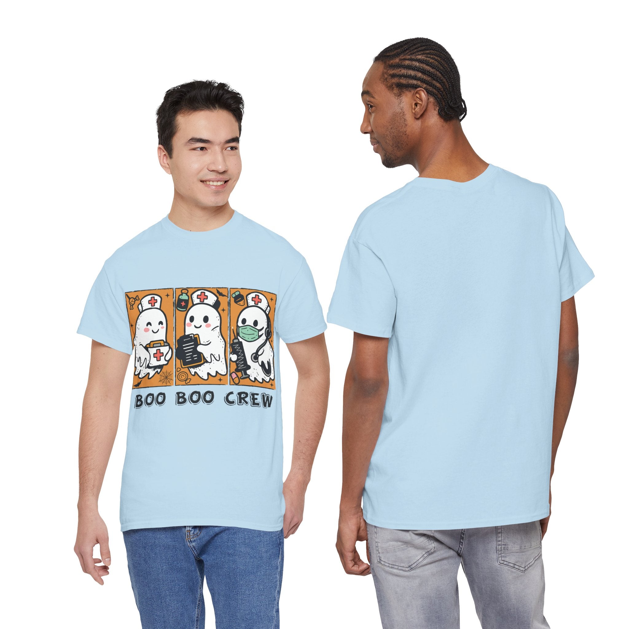 Halloween Nurse T-Shirt — Ghost Nurses Holding Medical Tools on Orange Unisec Cotton Tee