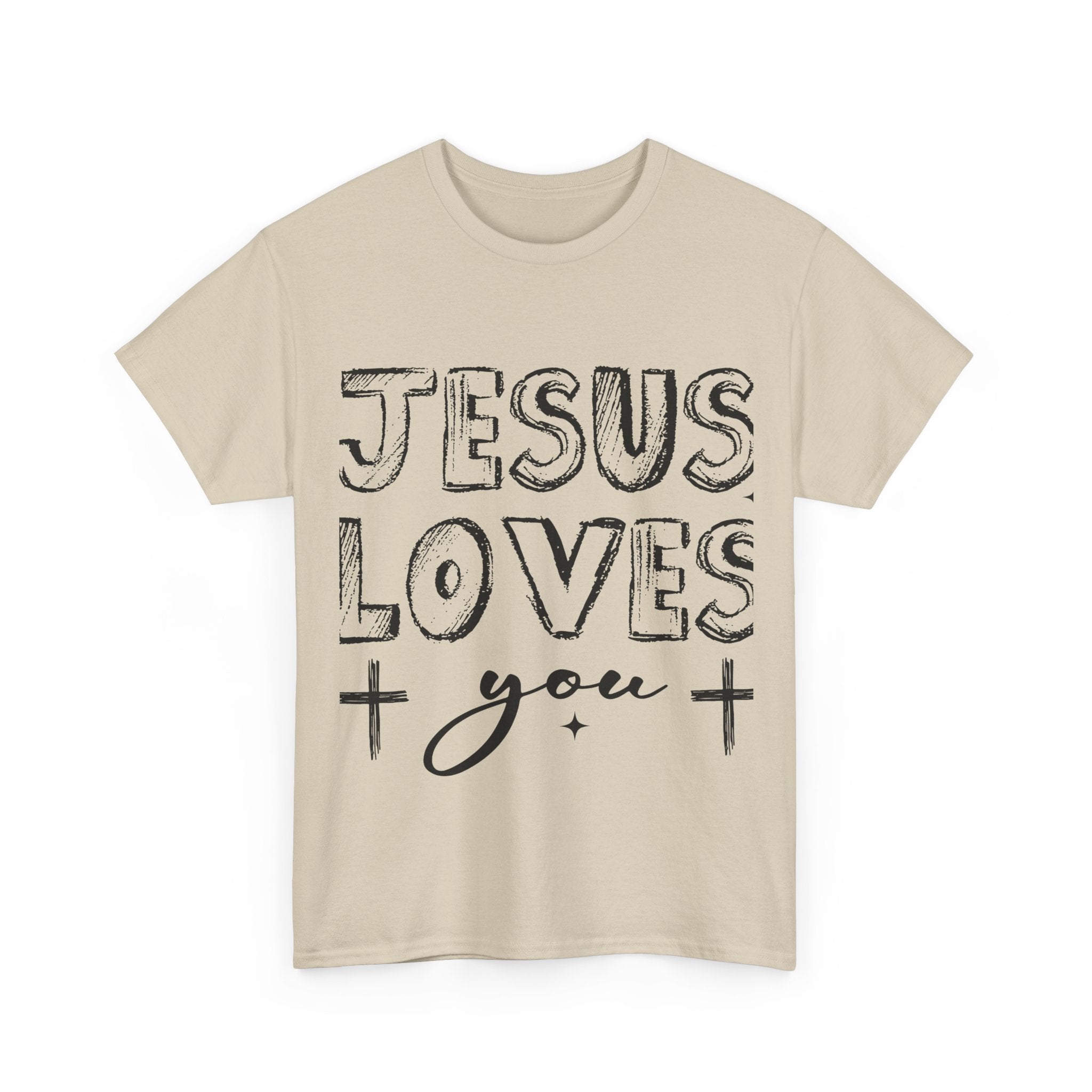 Jesus Loves You Chalk-Style Tee — Crosses & Stars Christian UNisex Cotton T-Shirt