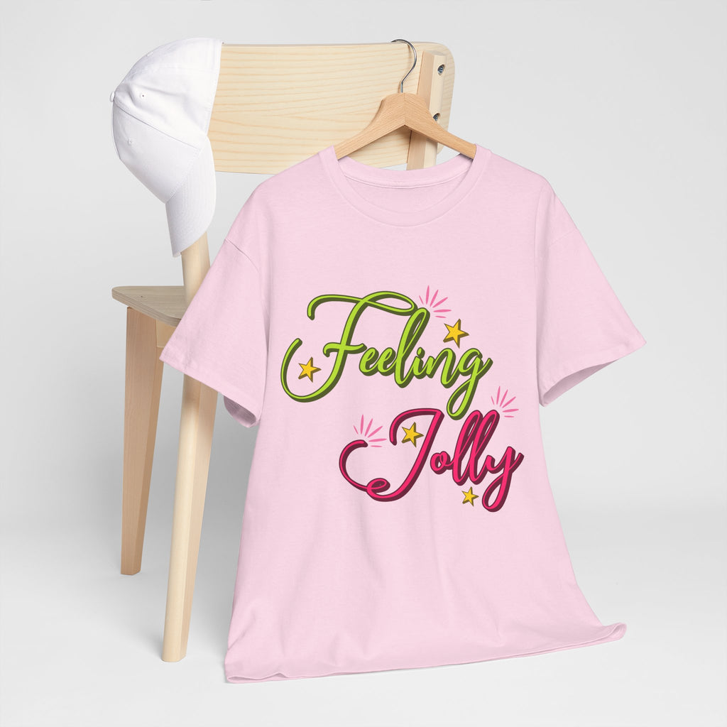 Feeling Jolly Tee — Festive Green & Pink Script with Yellow Stars Unisex Cotton Tee