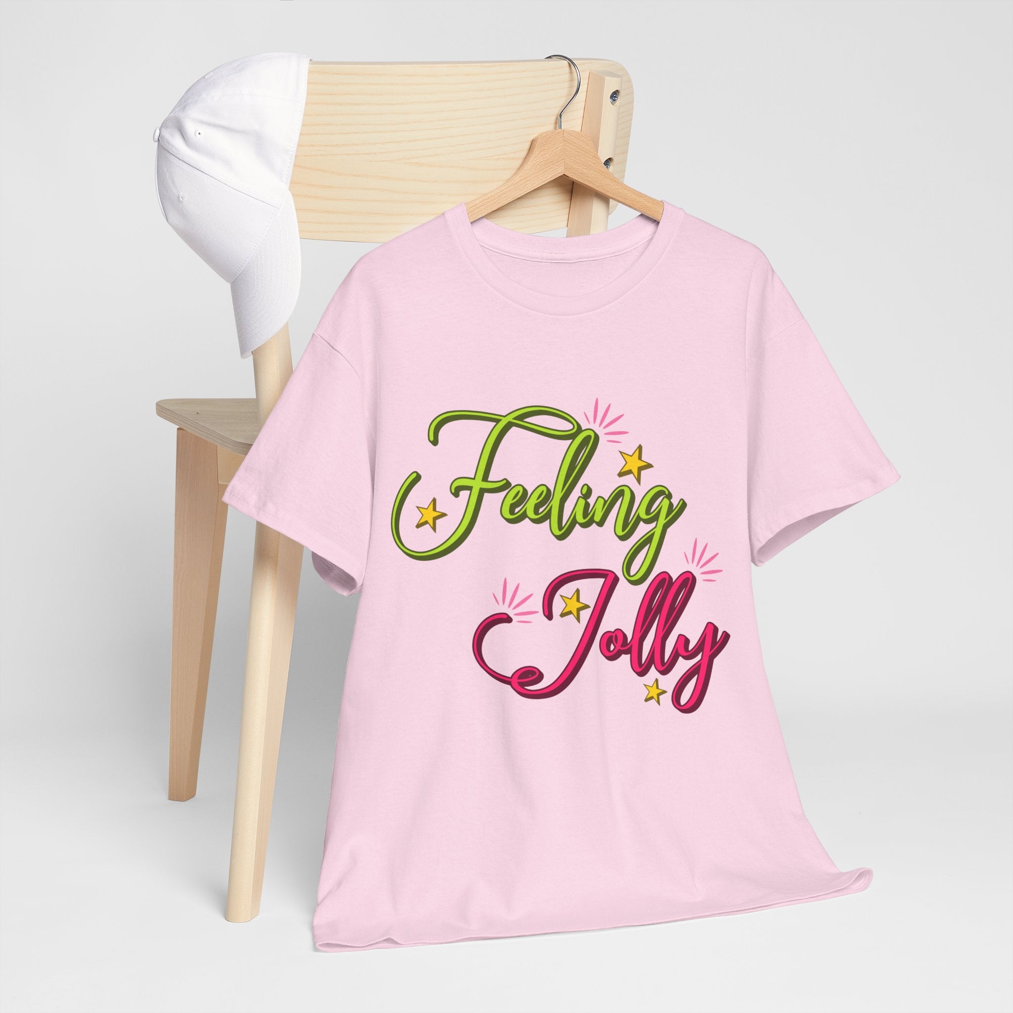 Feeling Jolly Tee — Festive Green & Pink Script with Yellow Stars Unisex Cotton Tee