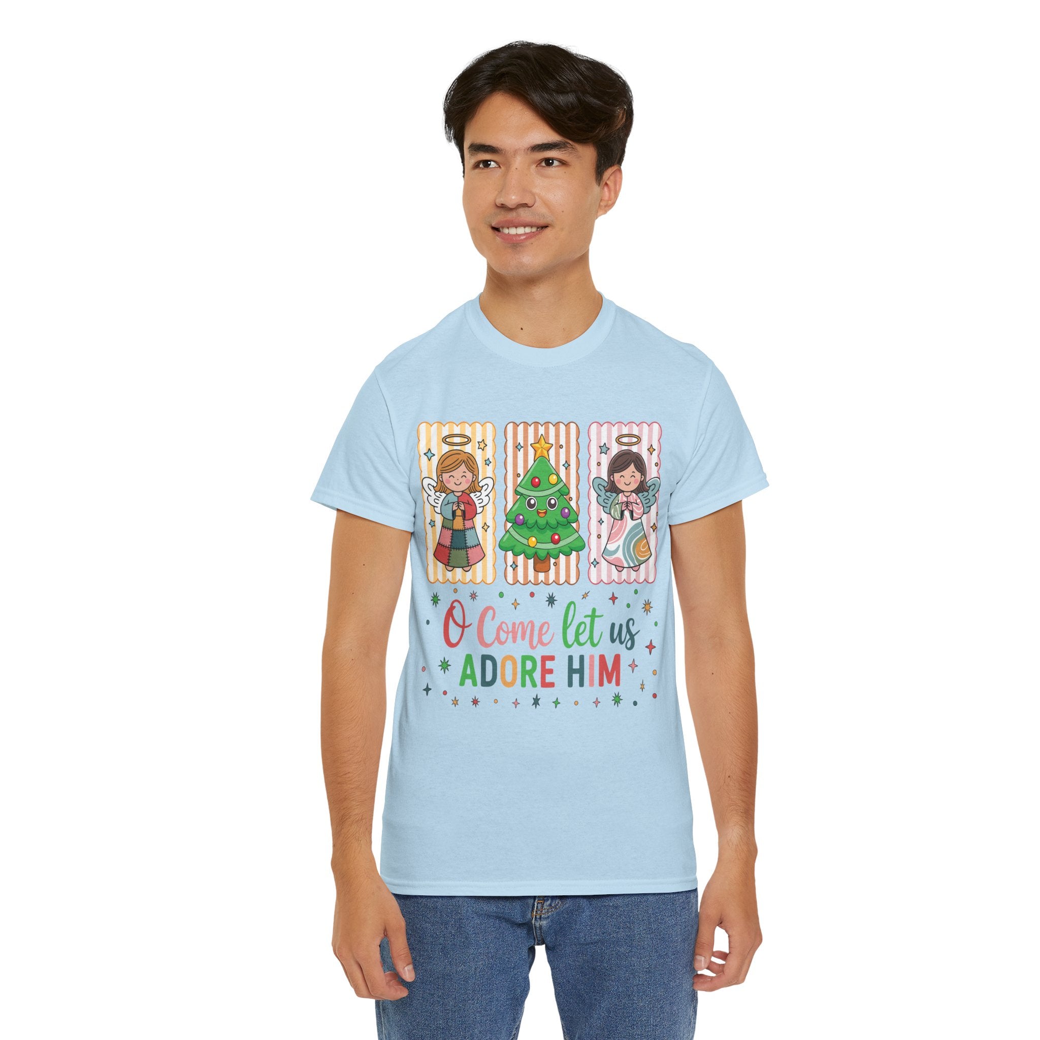 O Come Let Us Adore Him Christmas Tee — Smiling Angels & Happy Tree..Unisex Cotton Tee
