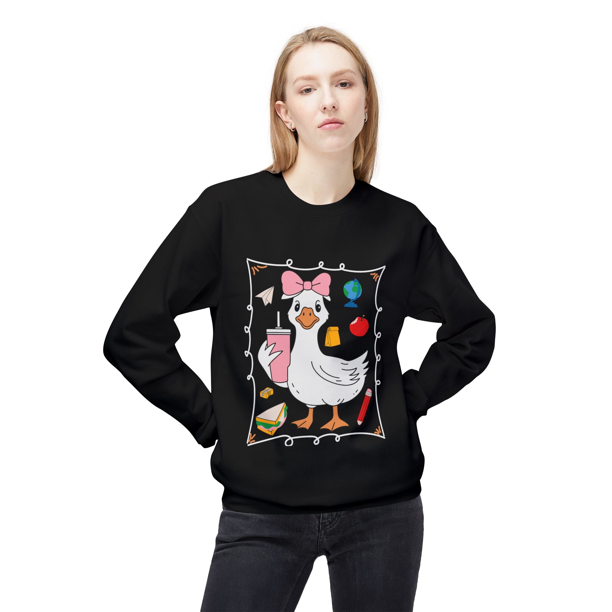 Cute Goose Drinking Fleece Crewneck Sweatshirt- Unisex