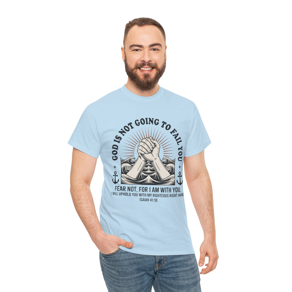 Isaiah 41:10 "Fear Not, For I Am With You" T-Shirt — Clasped Hands Rising from Waves Christian Unisex Cotton Tee