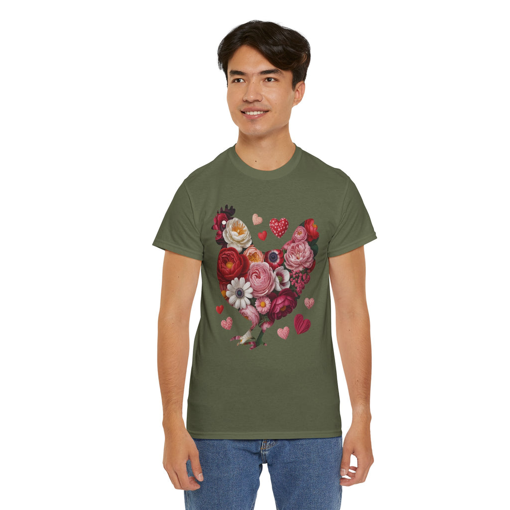 Floral Chicken Heart Tee — Red & Pink Flower Silhouette Unisex Cotton Tee
