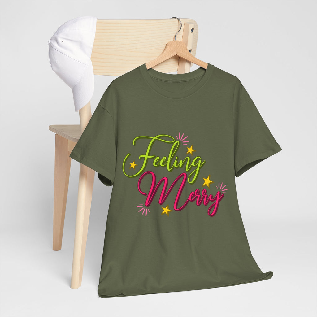Feeling Merry T-Shirt — Bright Green & Pink Holiday Tee with Stars.Unisex Cotton Tee