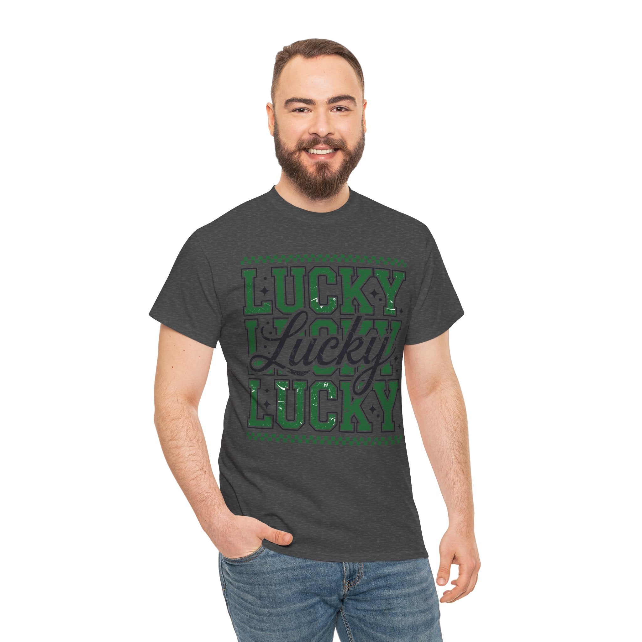 Lucky Varsity Tee — Layered Green ‘Lucky’ Graphic Unisex Cotton Tee