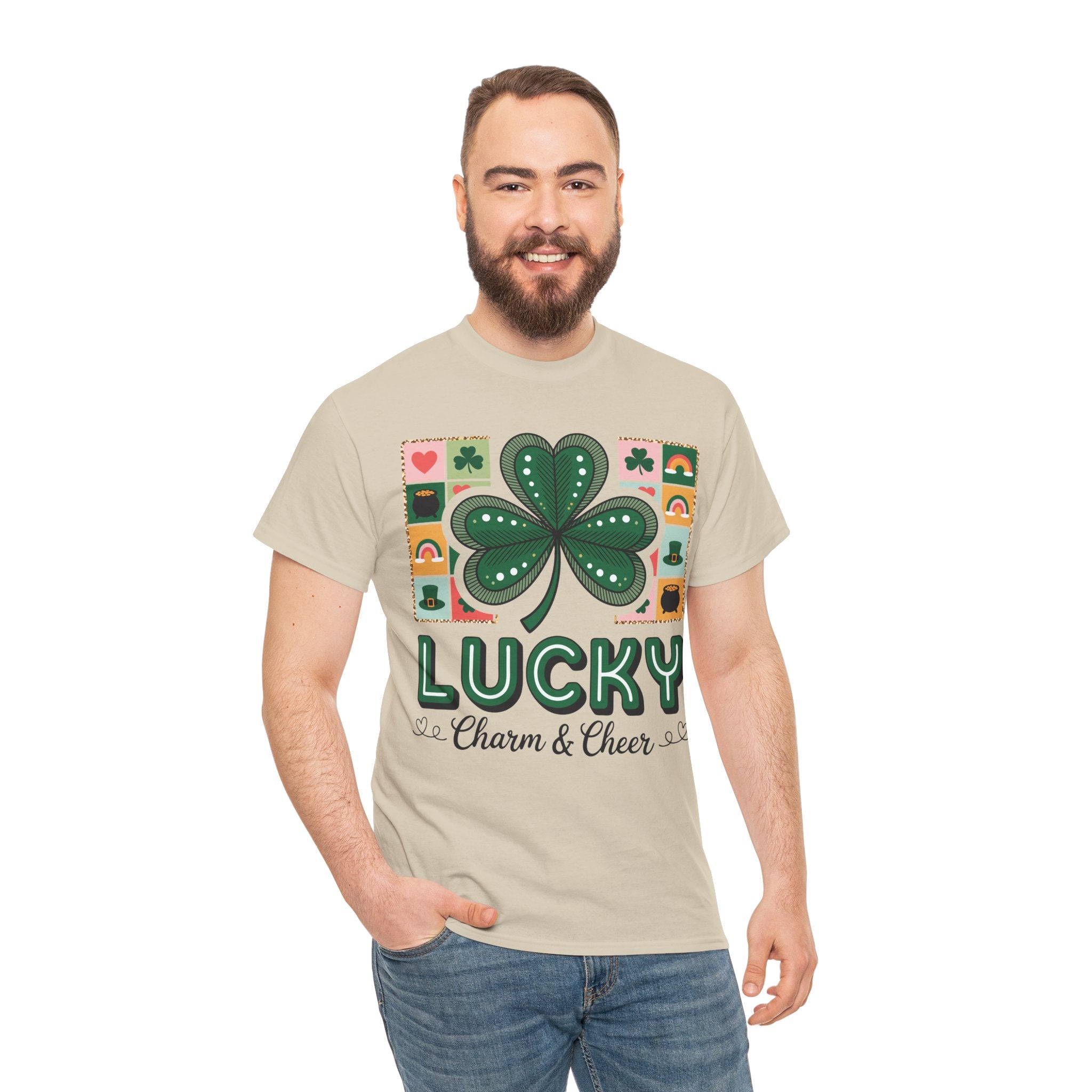 Lucky Charm & Cheer Clover Tee — Patchwork St. Patrick’s Day Unisex Cotton T-Shirt