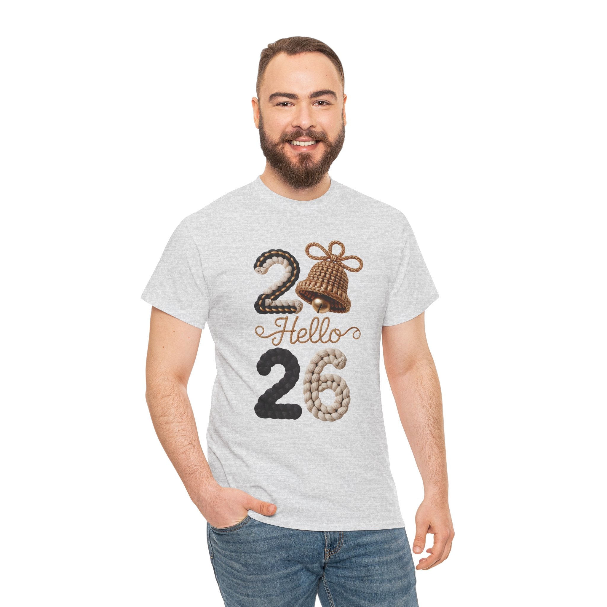 Hello 2026 Tee — Cozy Faux Yarn Braided Numbers with Woven Golden Bell..Unisex Cotton Tee