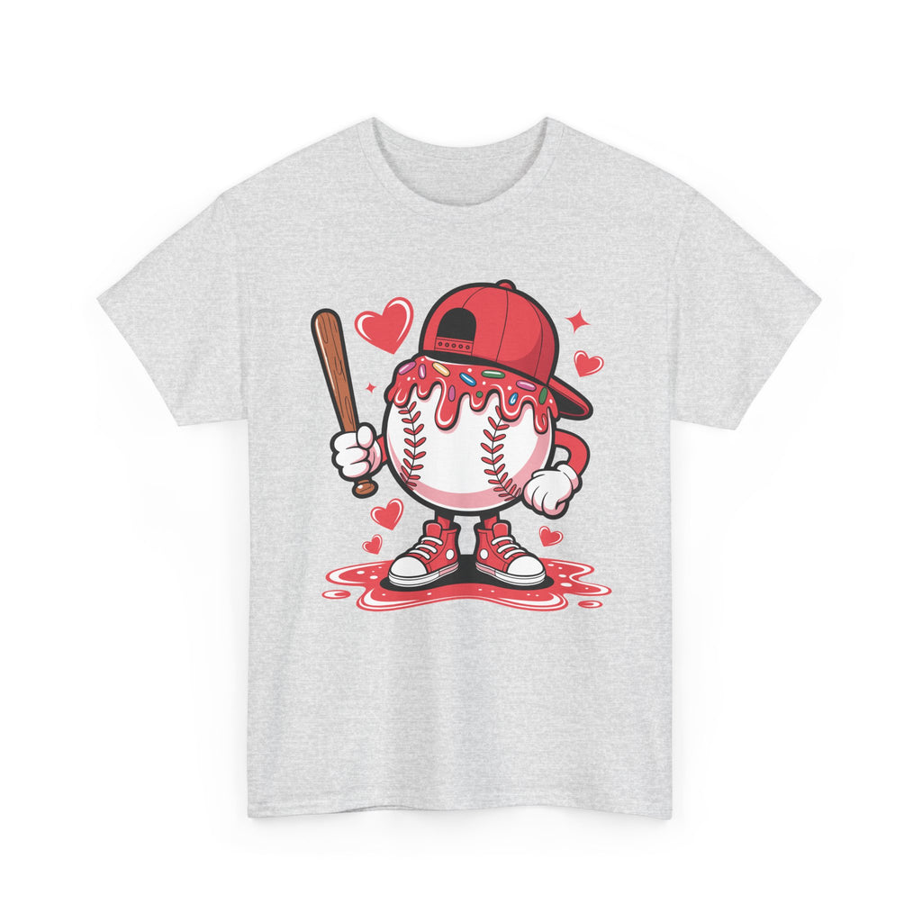 Cute Baseball Character T-Shirt — Red Cap & Icing Top Graphic with Hearts Unisex Cotton Tee