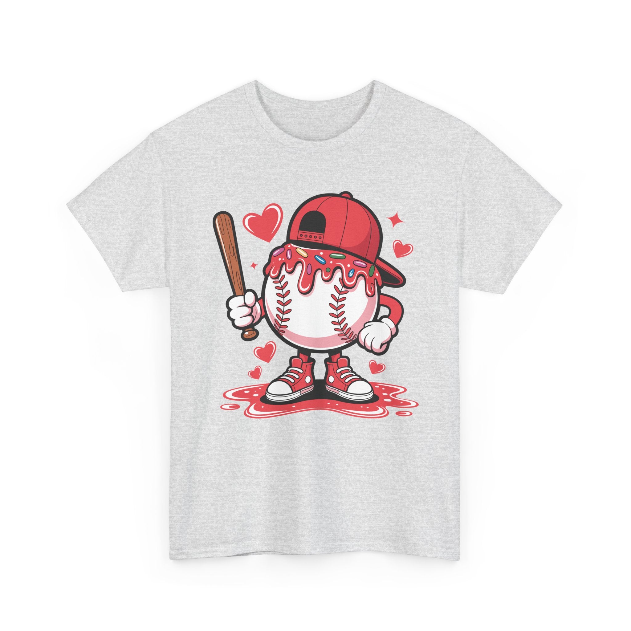 Cute Baseball Character T-Shirt — Red Cap & Icing Top Graphic with Hearts Unisex Cotton Tee