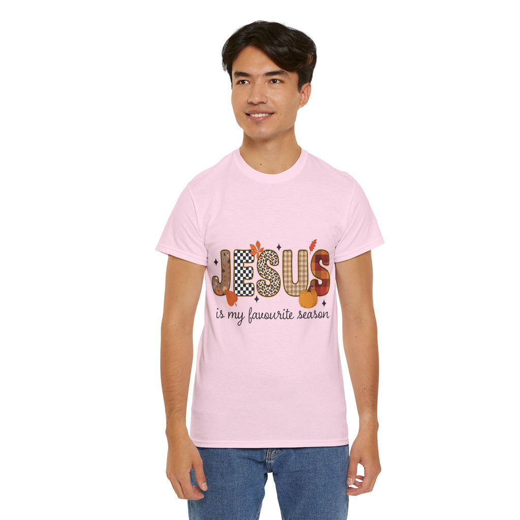 Jesus Is My Favorite Season Tee — Autumn Plaid & Leopard Lettering Unisex Cotton Tee