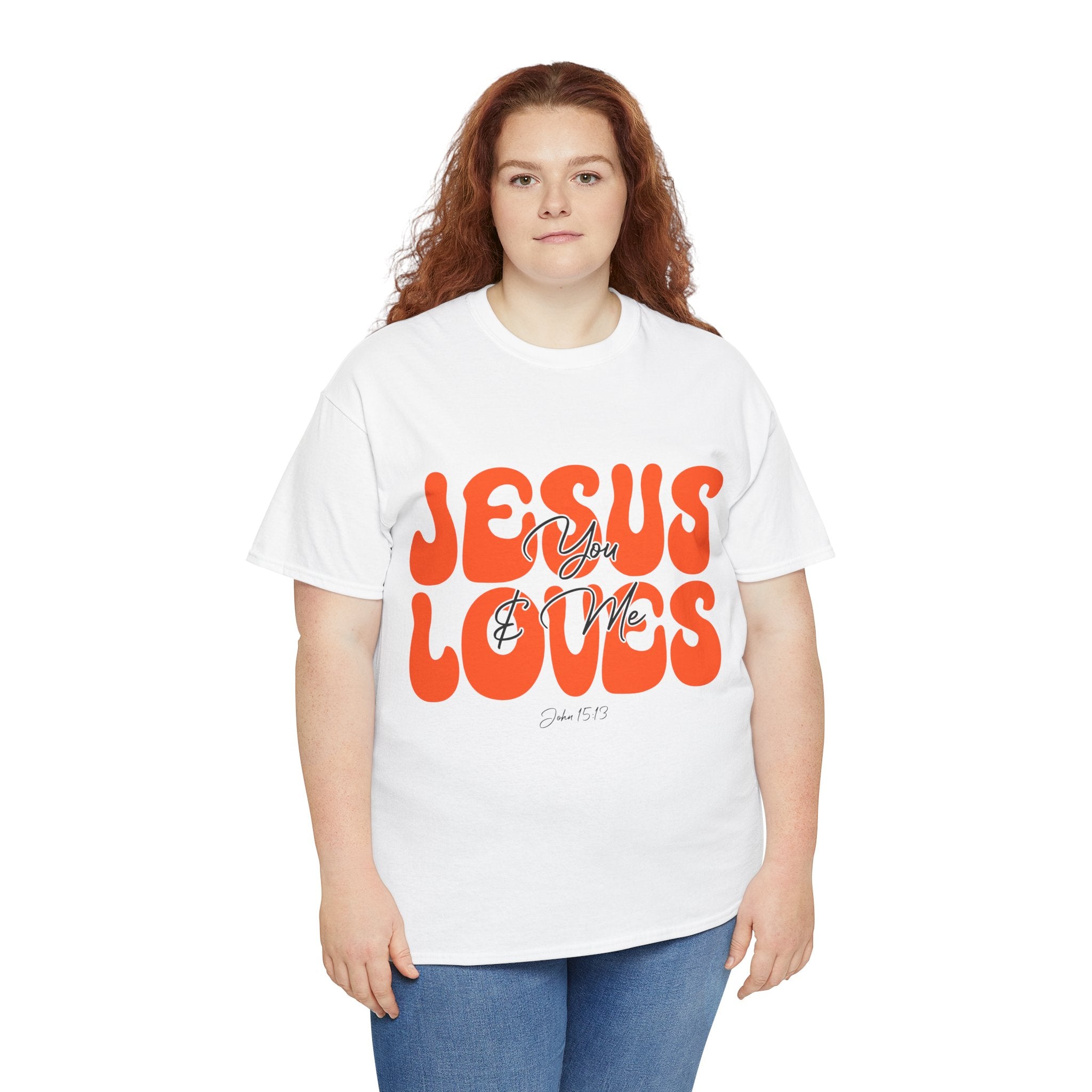Jesus Loves You & Me Retro Tee — Playful Orange Bubbly Christian Unisex Cotton T-Shirt