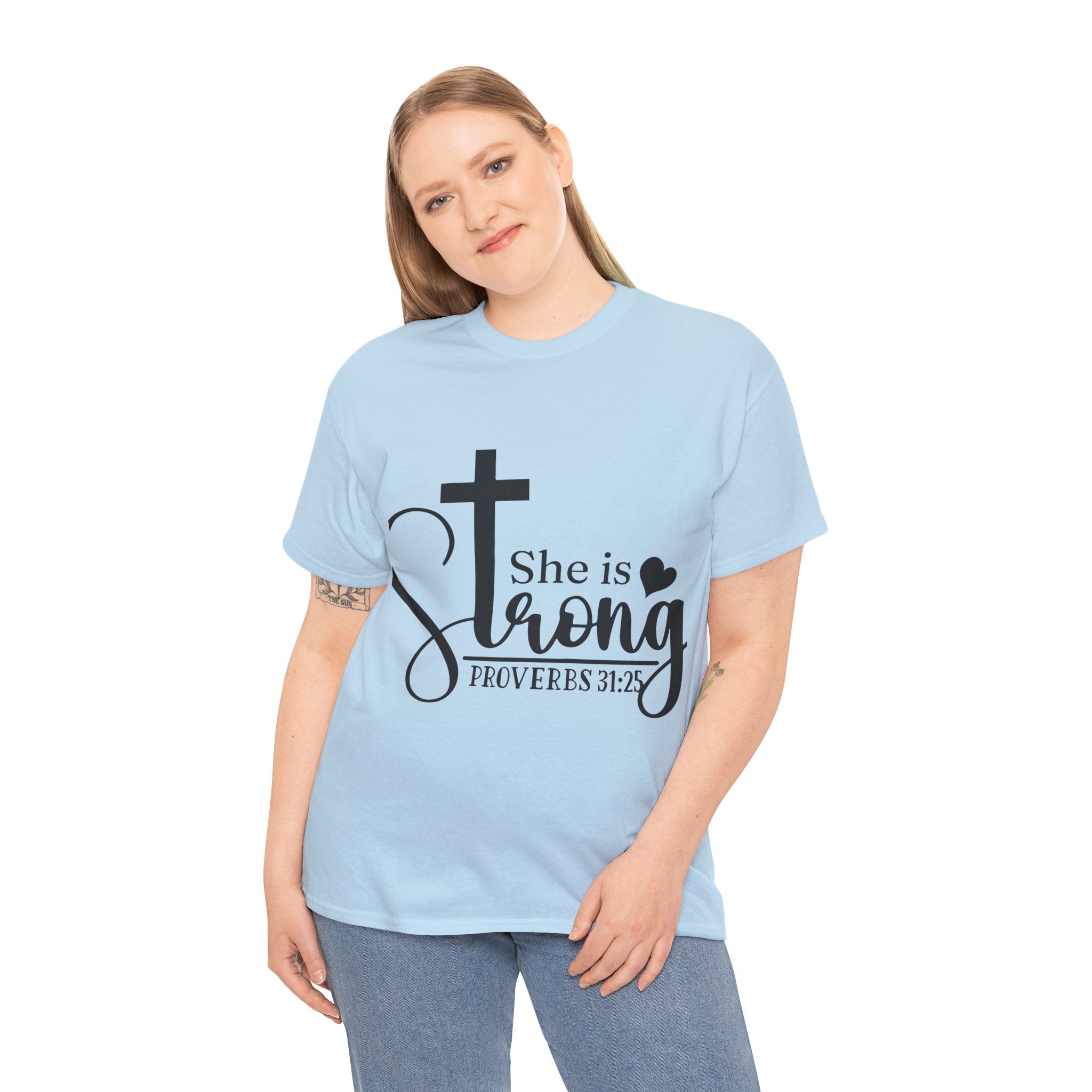 Proverbs 31:25 'She is Strong' T-Shirt – Christian Cross & Heart Unisex Cotton Tee