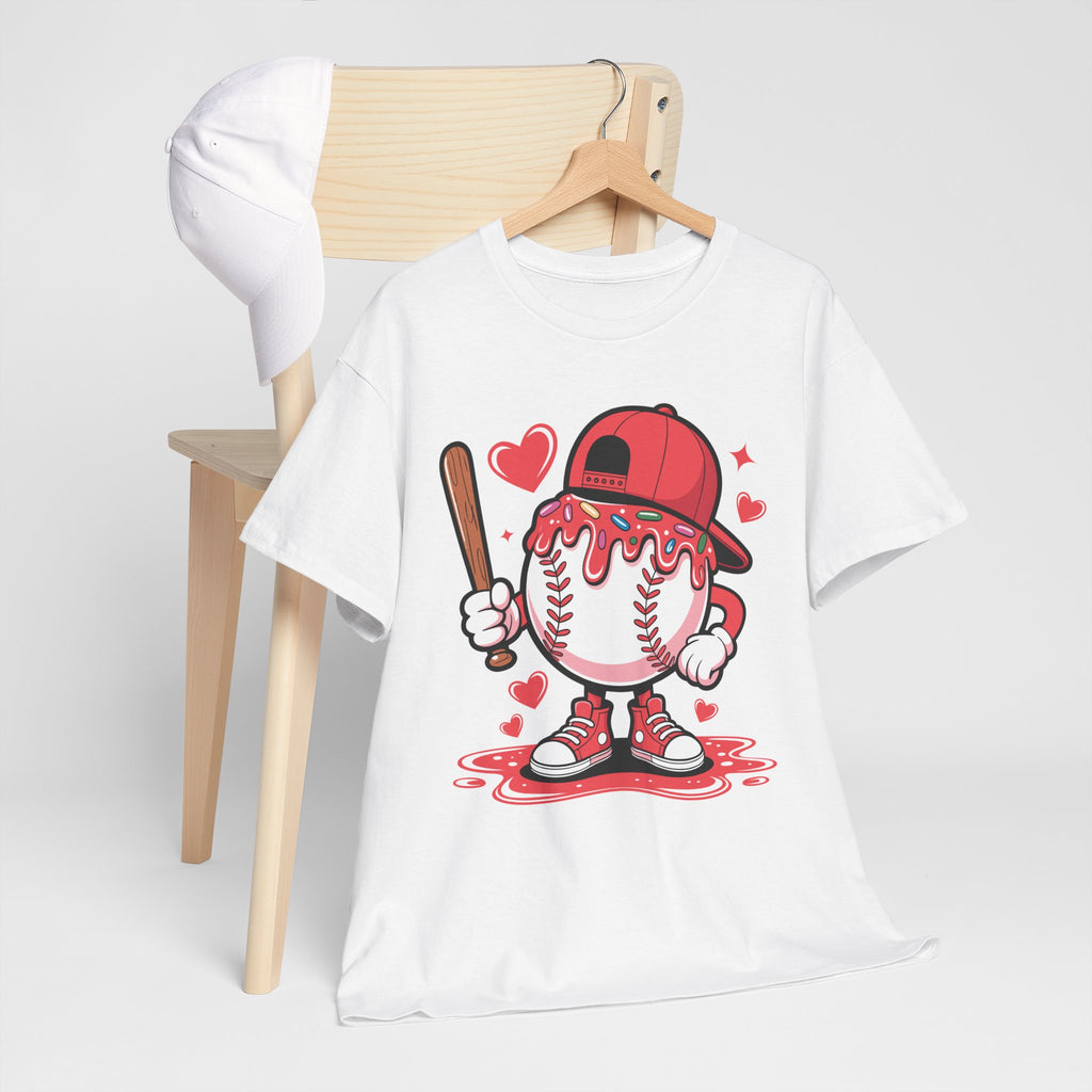 Cute Baseball Character T-Shirt — Red Cap & Icing Top Graphic with Hearts Unisex Cotton Tee