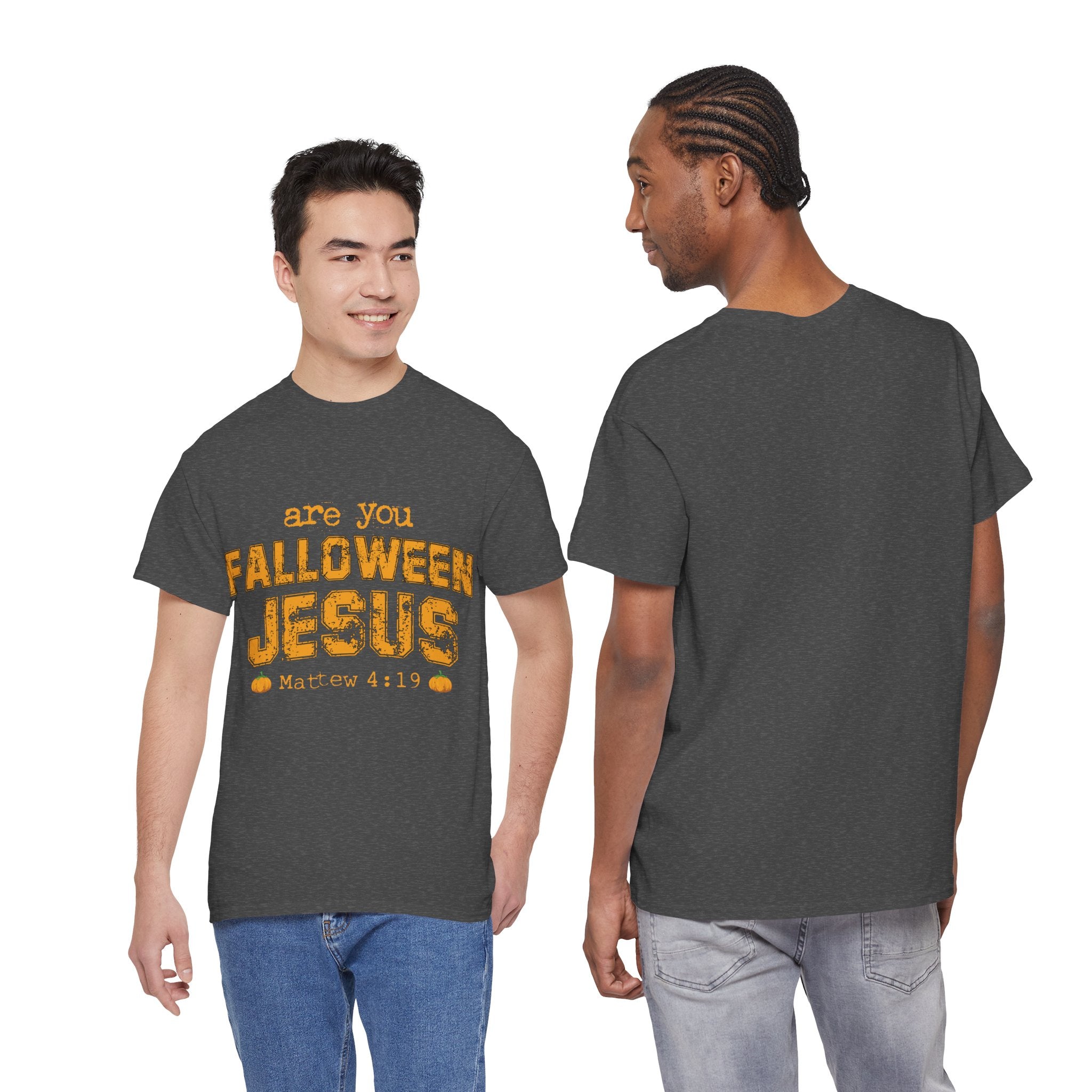 Christian Halloween T-Shirt — “Are You Falloween Jesus? Matthew 4:19” Distressed Pumpkin Design. Unisex Cotton Tee