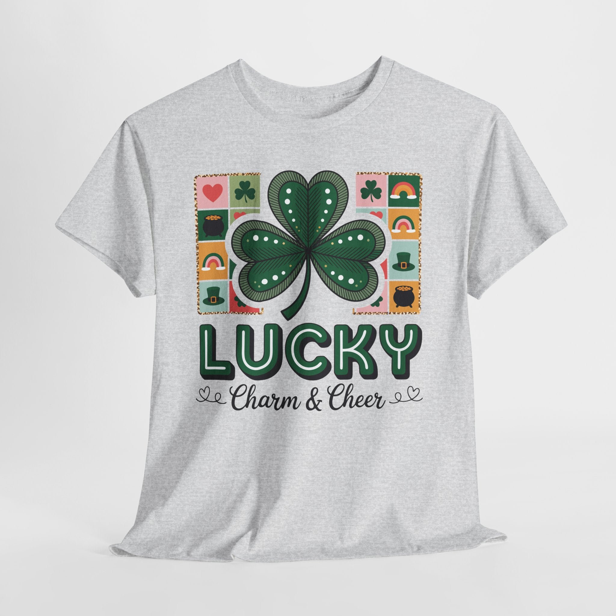 Lucky Charm & Cheer Clover Tee — Patchwork St. Patrick’s Day Unisex Cotton T-Shirt