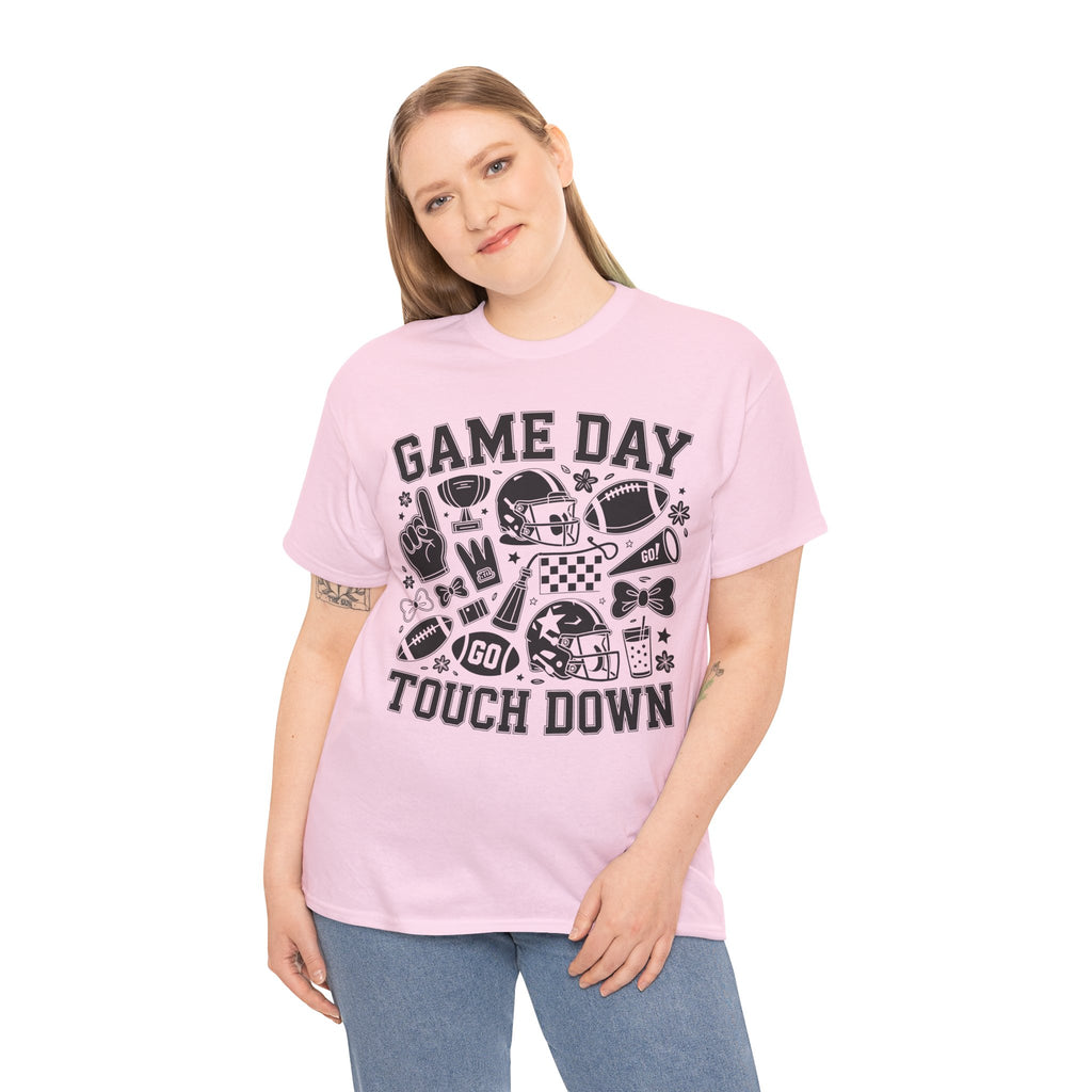 Game Day Touch Down Football T‑Shirt — Helmet & Cheer Monochrome Design Unisex Cotton Tee