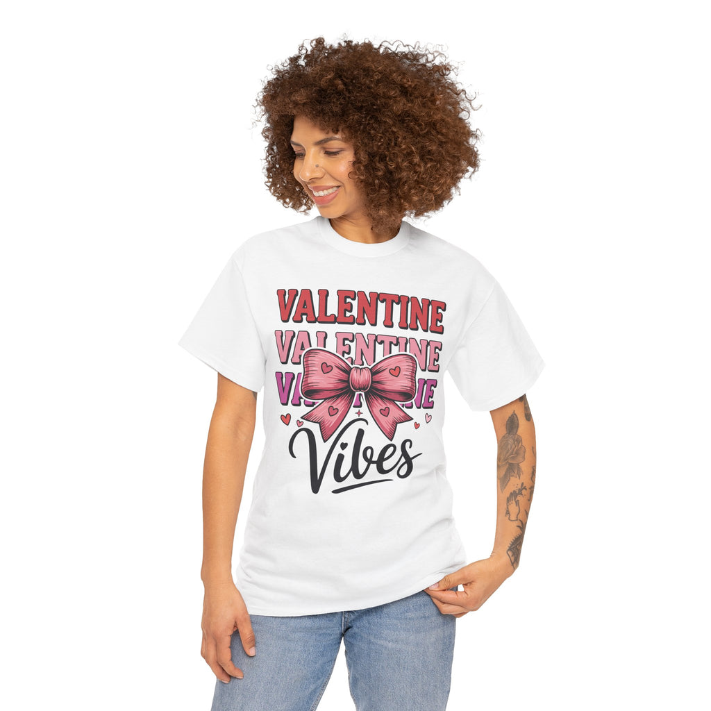 Valentine Vibes T-Shirt — Pink Bow Heart Graphic Unisex Cotton Tee