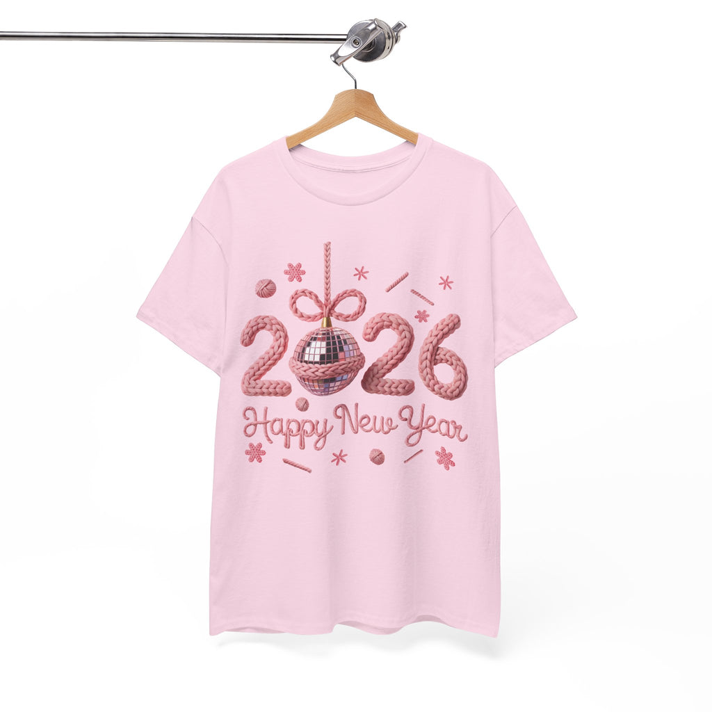 2026 Happy New Year Pink Knitted Disco Ball Unisex Cotton Tee