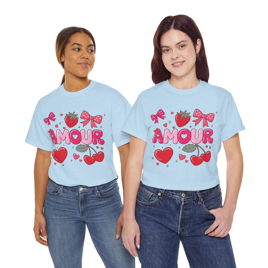 Amour Pink Hearts Tee — Shiny Lettering with Bows, Cherries & Strawberry Accent...Unisex Cotton Tee