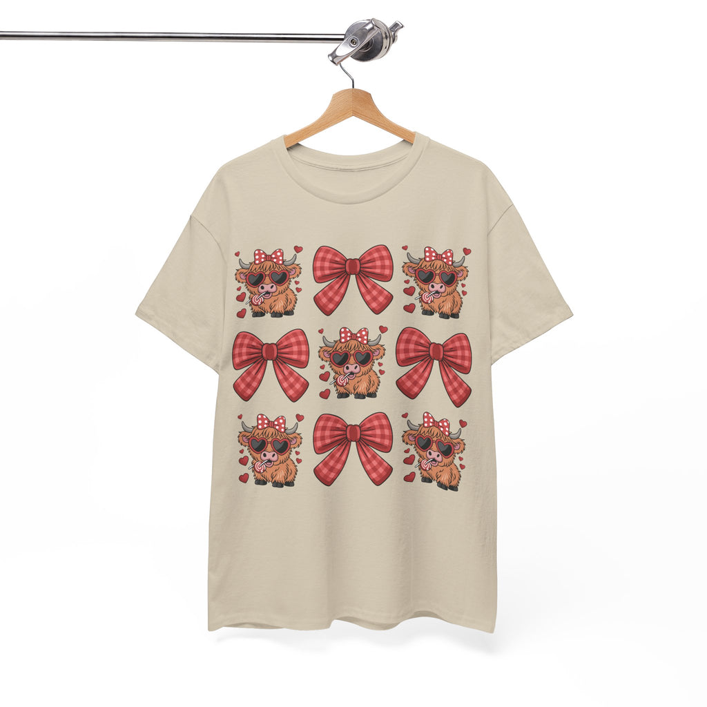 Valentine Cow Checkered Tee — Fluffy Cows with Heart Sunglasses & Red Bows..Unisex Cotton Tee