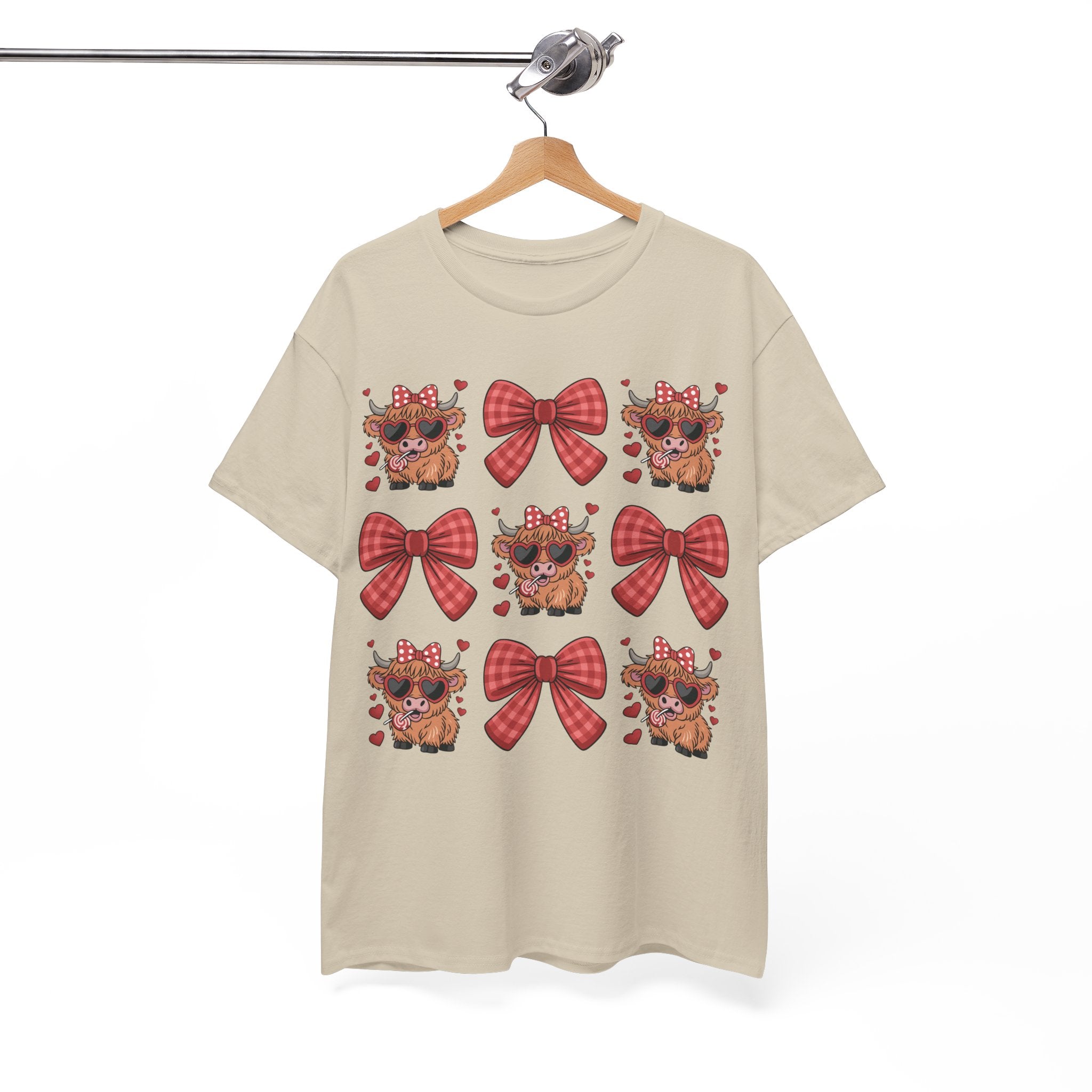 Valentine Cow Checkered Tee — Fluffy Cows with Heart Sunglasses & Red Bows..Unisex Cotton Tee