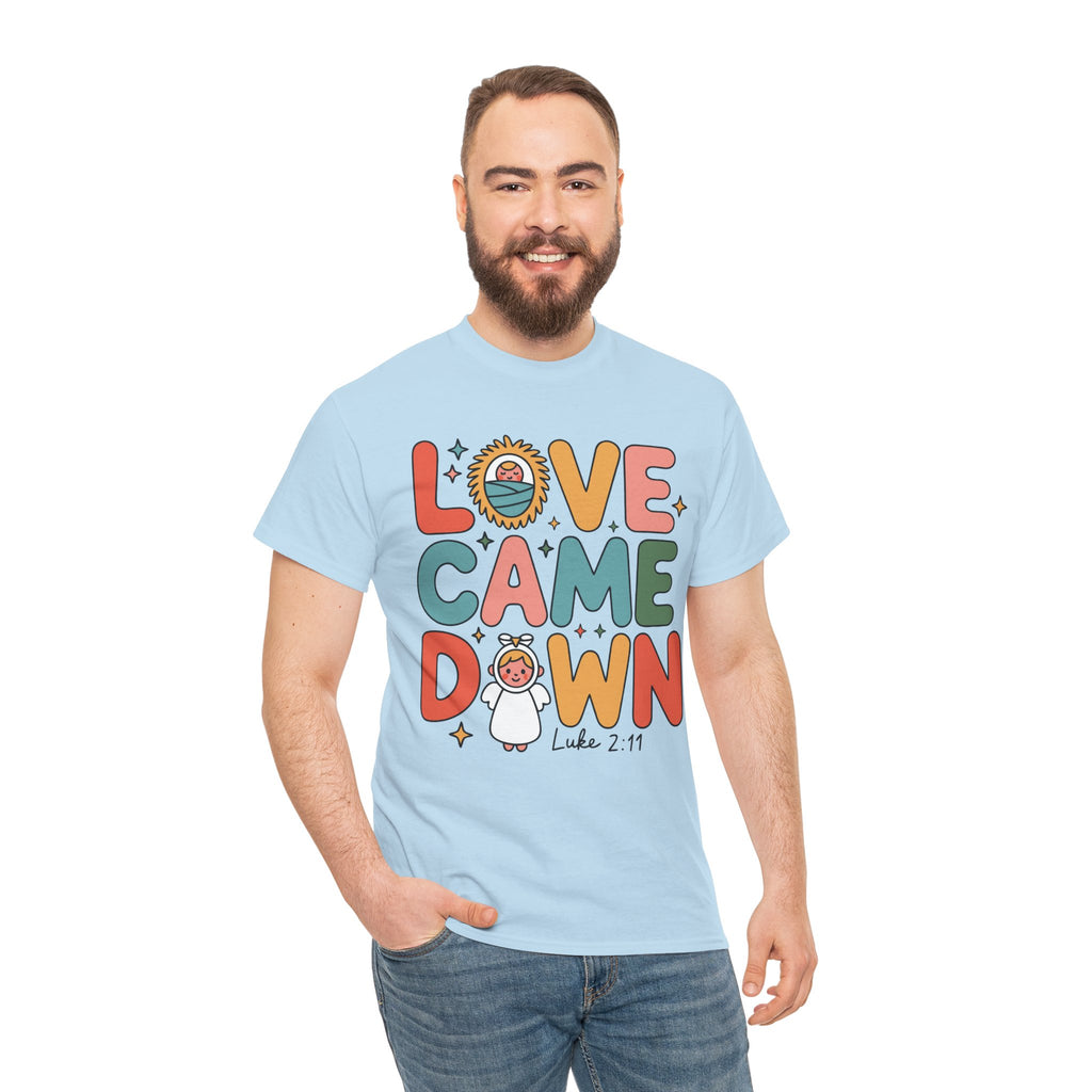 Love Came Down Christmas Tee — Baby Jesus Manger Angel (Luke 2:11)..Unisex Cotton Tee