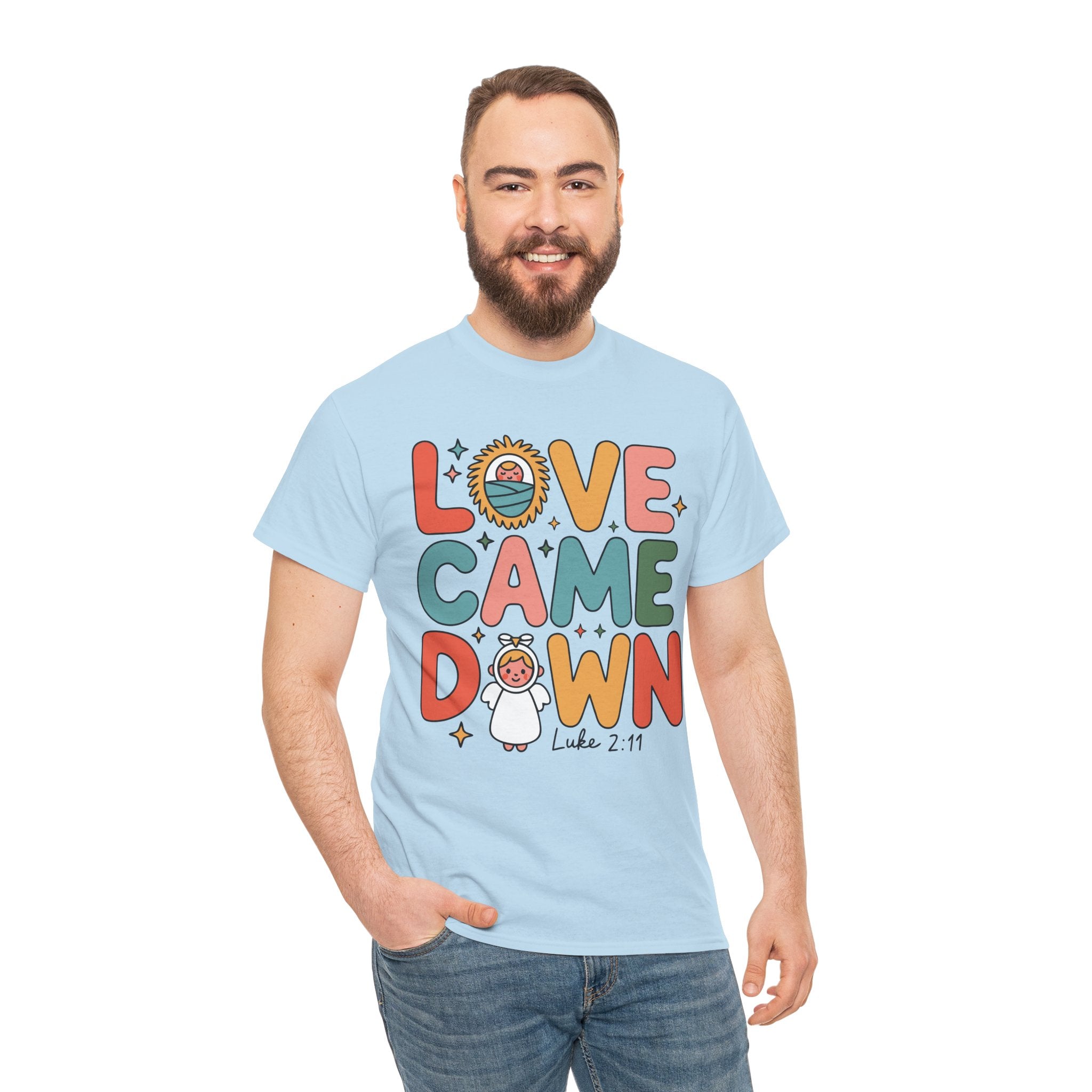 Love Came Down Christmas Tee — Baby Jesus Manger Angel (Luke 2:11)..Unisex Cotton Tee