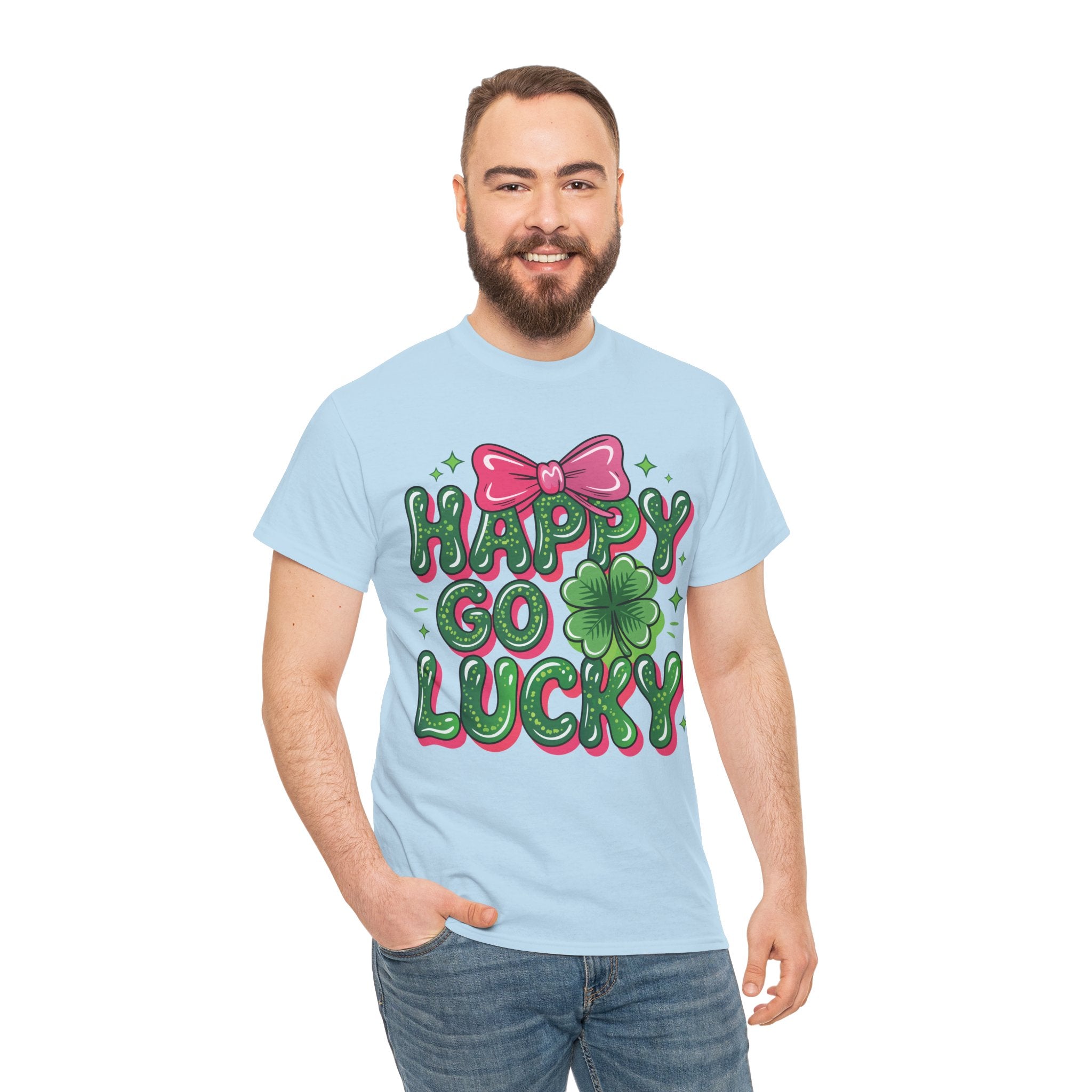 Happy Go Lucky Four-Leaf Clover Tee — Glossy Green Letters & Pink Bow Unisex Cotton Tee
