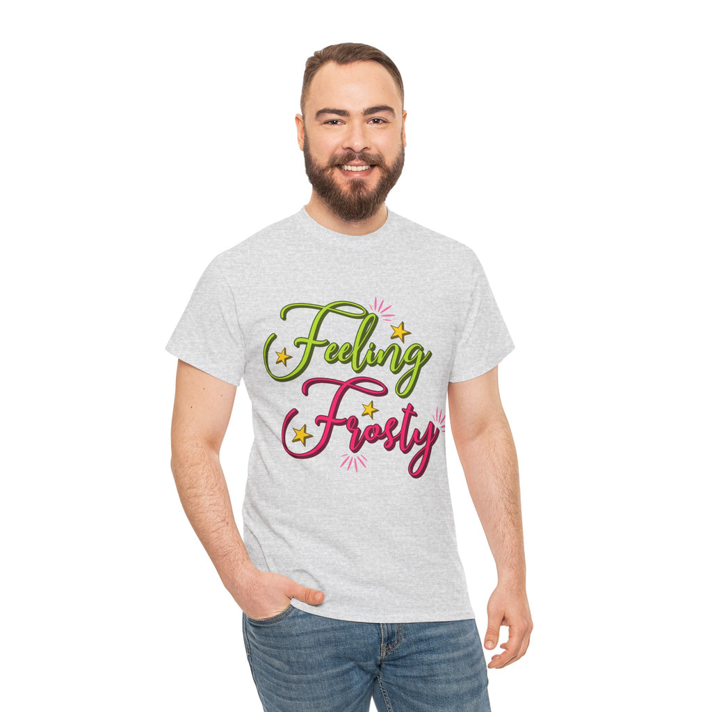 Feeling Frosty Holiday T-Shirt — Green & Pink Script Stars.Unisex Cotton Tee